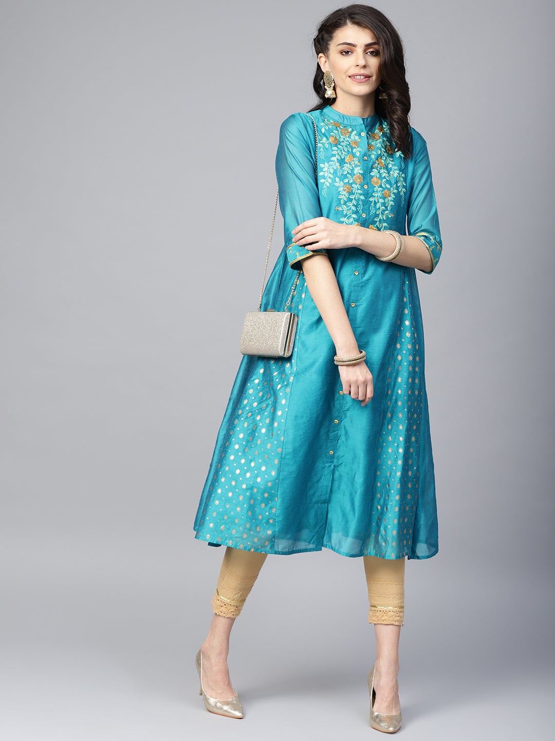 Teal Chanderi Silk Embroidered & Printed Anarkali Kurta - Image 2