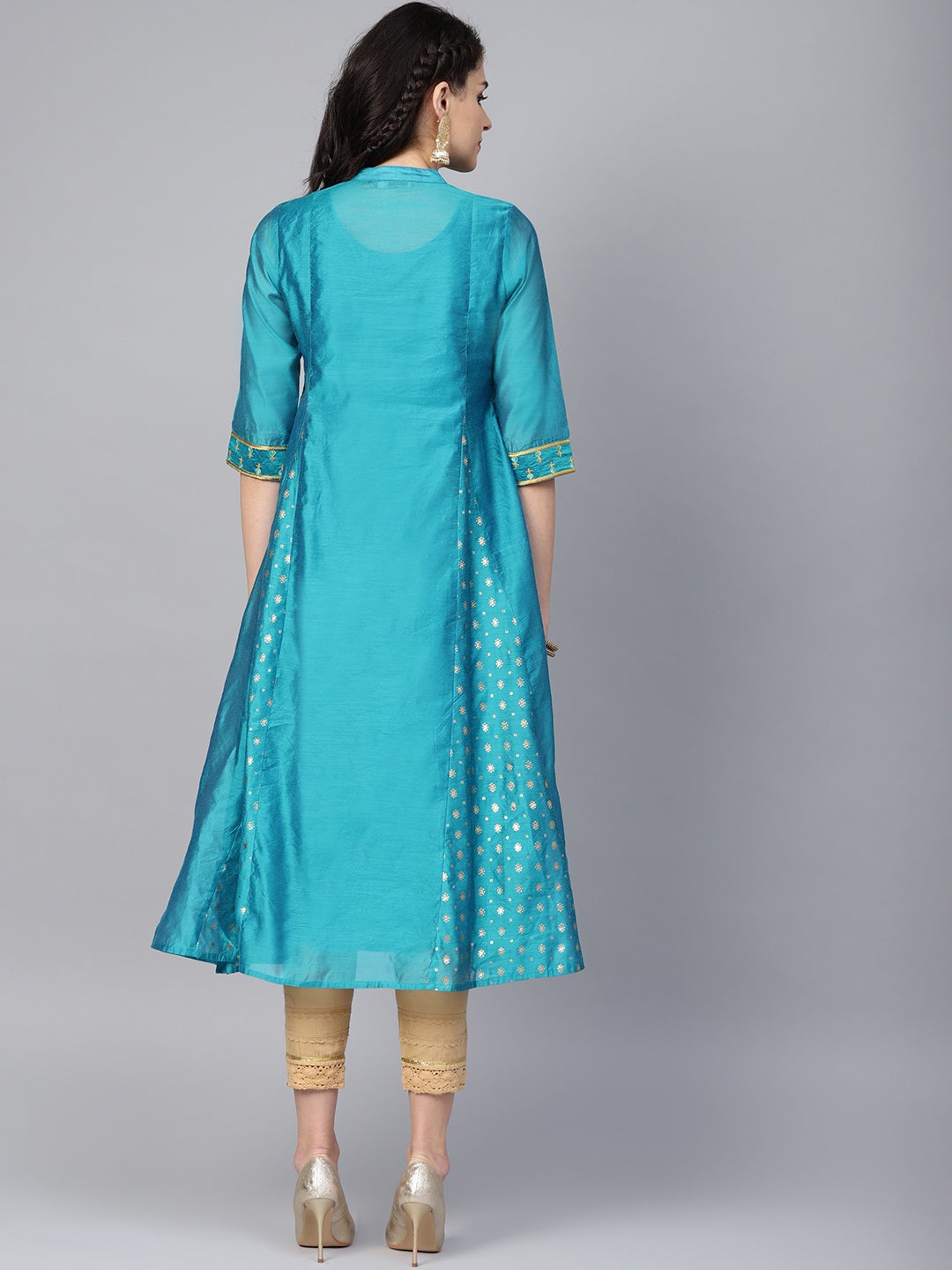 Teal Chanderi Silk Embroidered & Printed Anarkali Kurta - Image 3