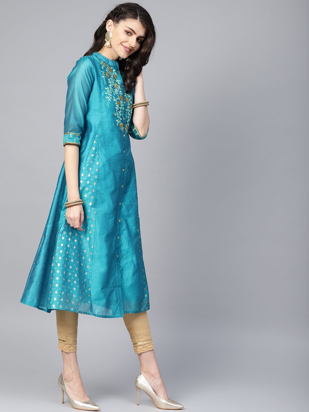 Teal Chanderi Silk Embroidered & Printed Anarkali Kurta - Image 4
