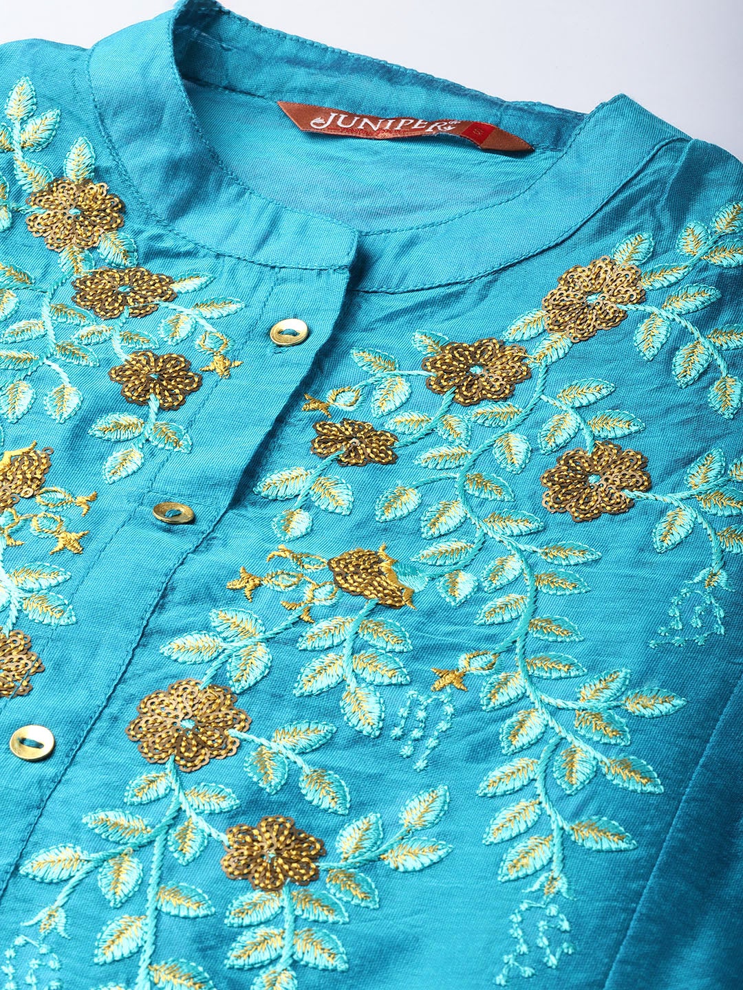 Teal Chanderi Silk Embroidered & Printed Anarkali Kurta - Image 5