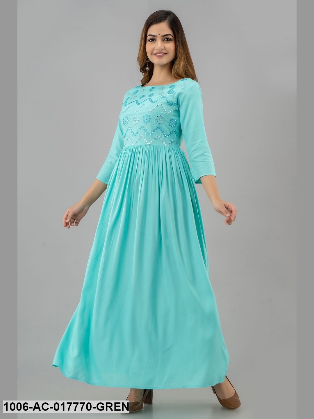 Mirror Work Flared Full Length 3/4 Sleeve Boat Neck Rayon Dress - Image 2