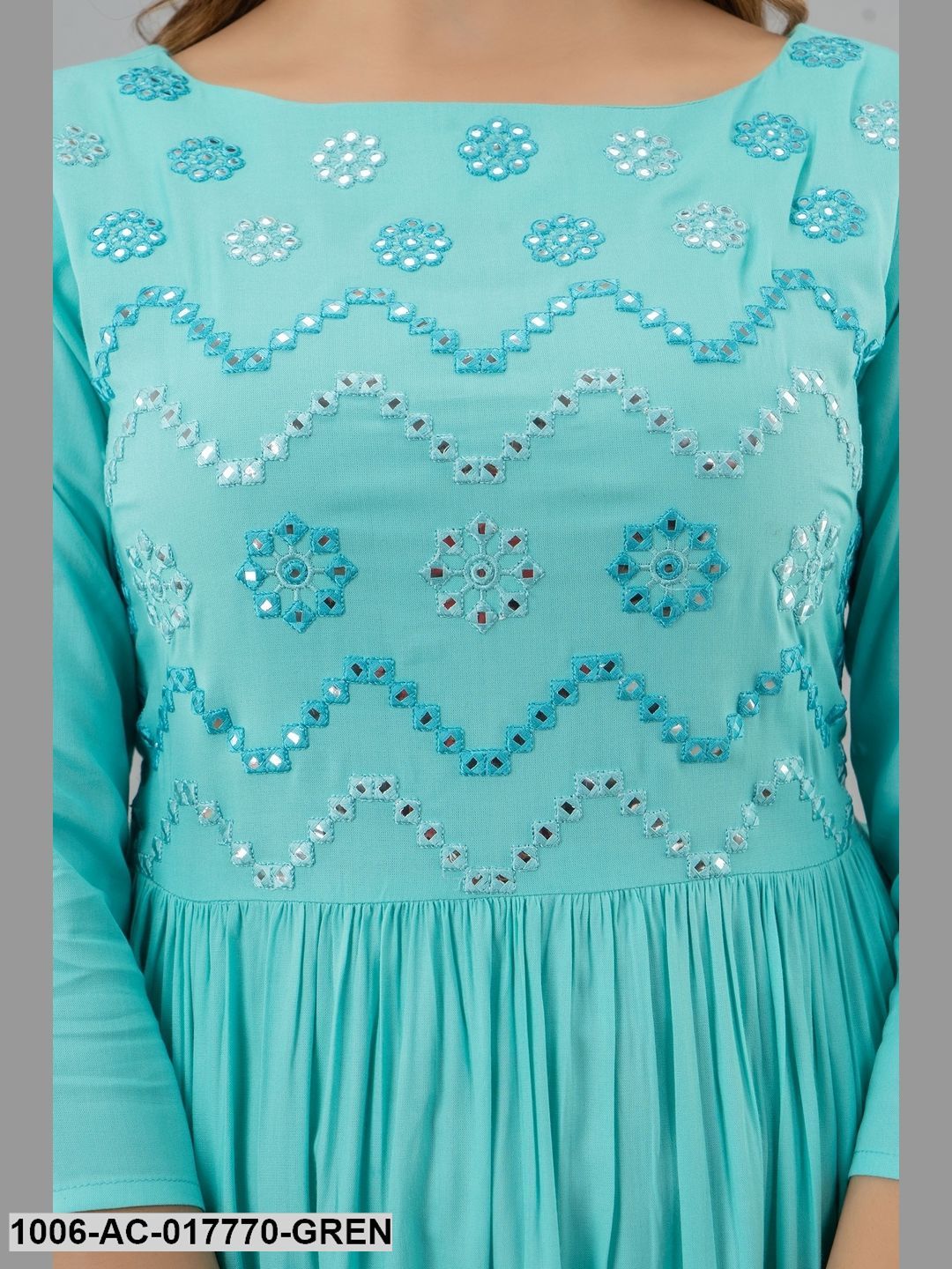 Mirror Work Flared Full Length 3/4 Sleeve Boat Neck Rayon Dress - Image 6