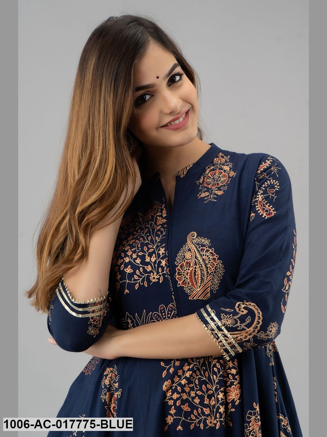 Printed Cotton 3/4 Sleeves Full Length Flared Dress - Image 5