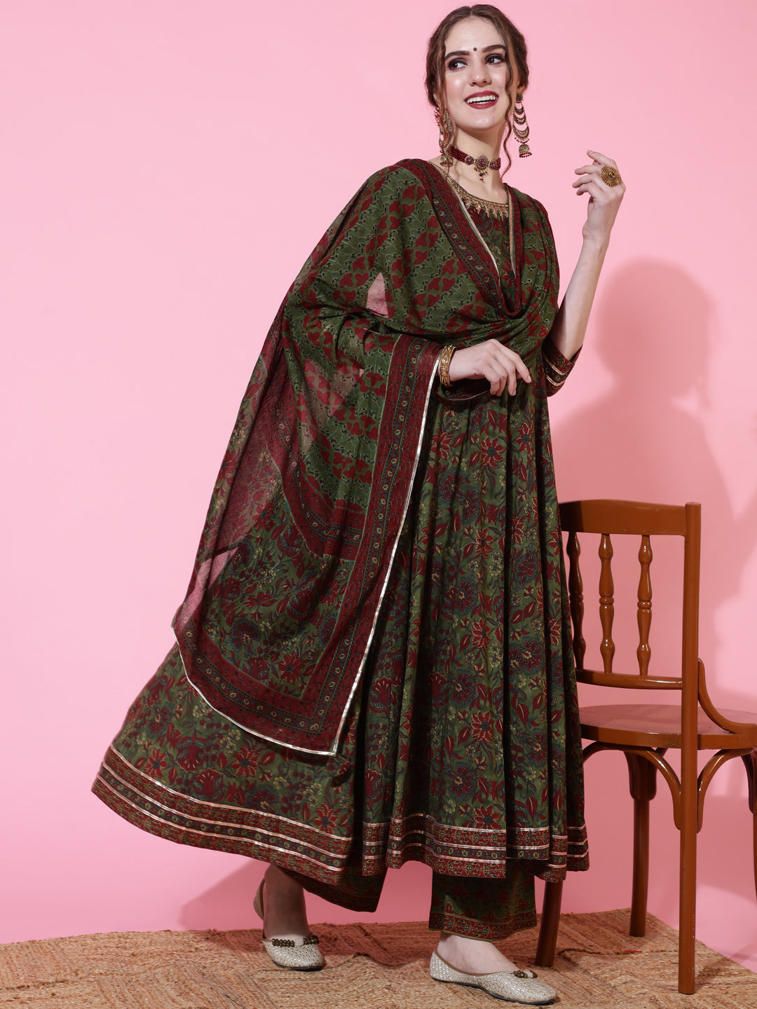 Cotton Calf Length Printed Flared 3/4 Sleeves Round Neck Kurta Bottom Dupatta Set - Image 4