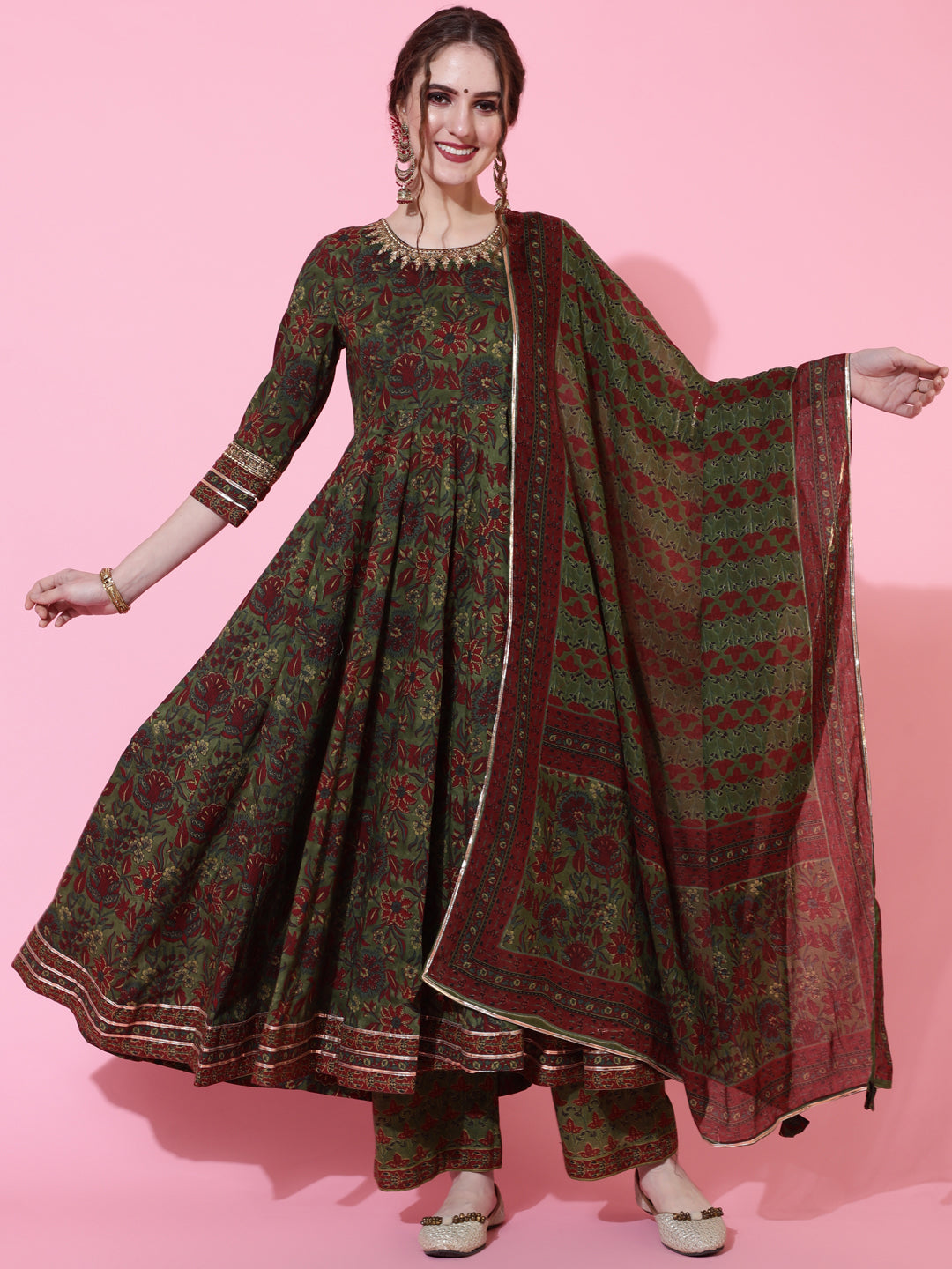 Cotton Calf Length Printed Flared 3/4 Sleeves Round Neck Kurta Bottom Dupatta Set - Image 2