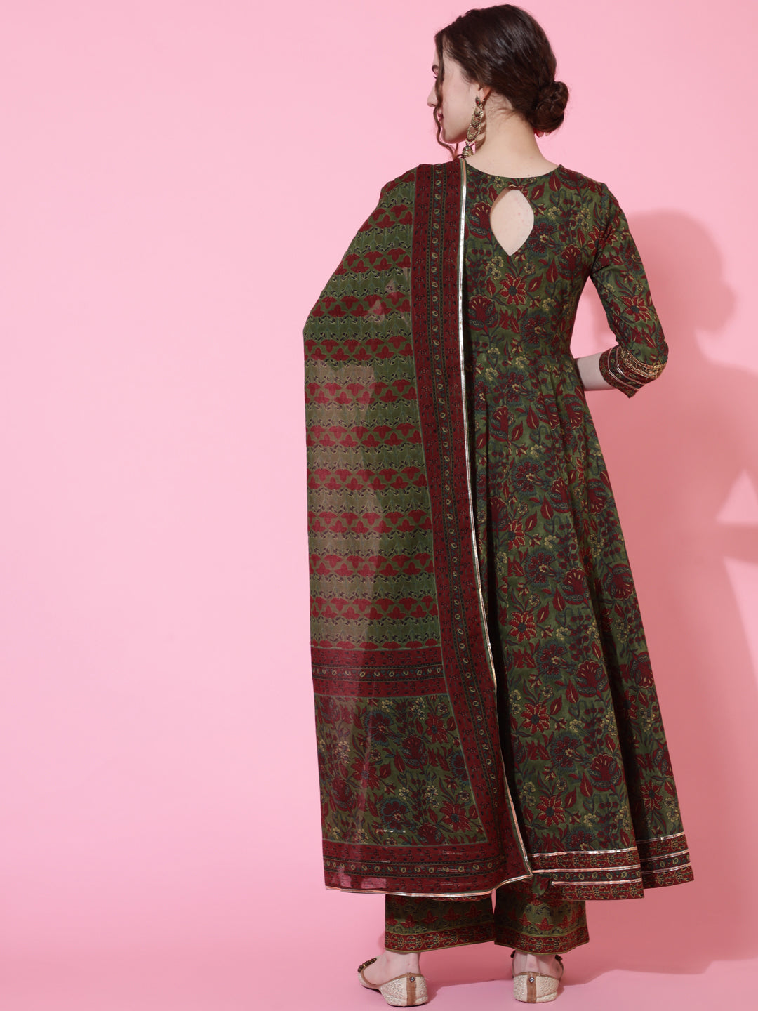 Cotton Calf Length Printed Flared 3/4 Sleeves Round Neck Kurta Bottom Dupatta Set - Image 3