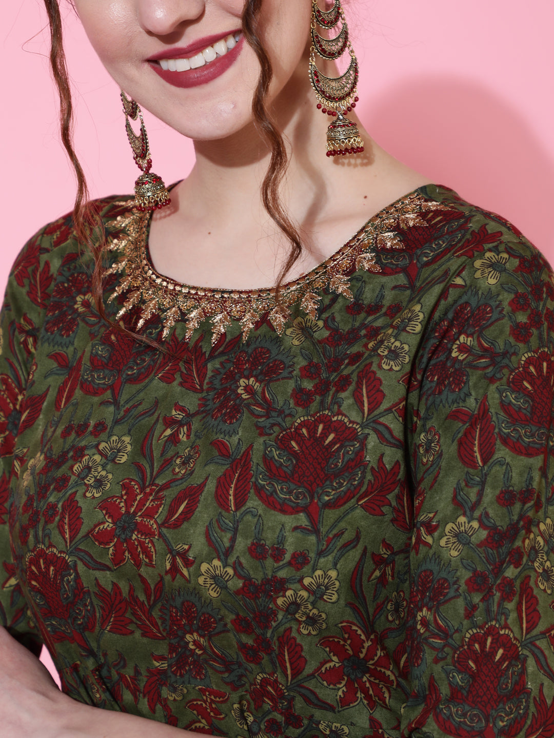 Cotton Calf Length Printed Flared 3/4 Sleeves Round Neck Kurta Bottom Dupatta Set - Image 5