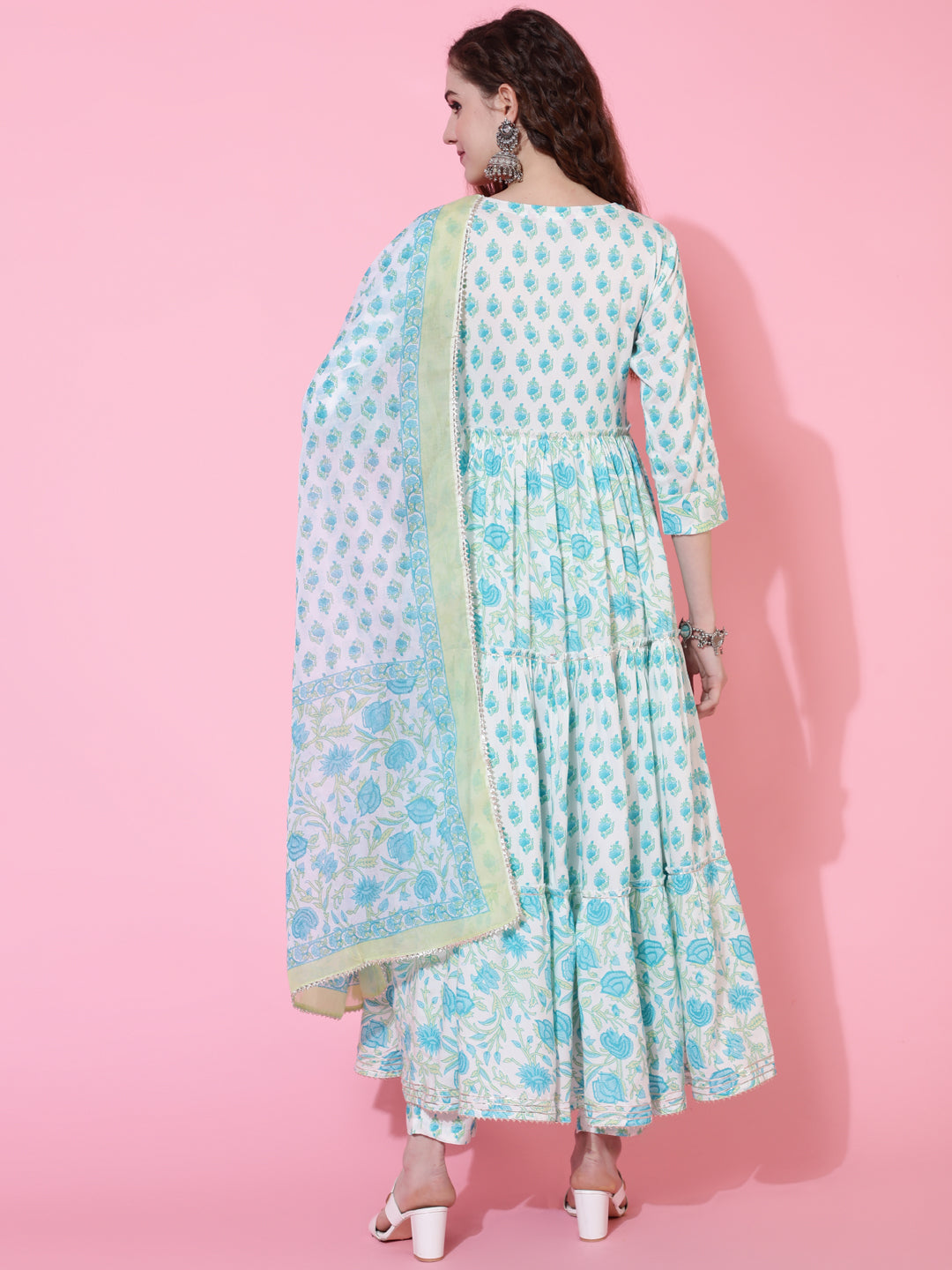Rayon Calf Length Printed Flared 3/4 Sleeves Round Neck Kurta Bottom Dupatta Set - Image 3