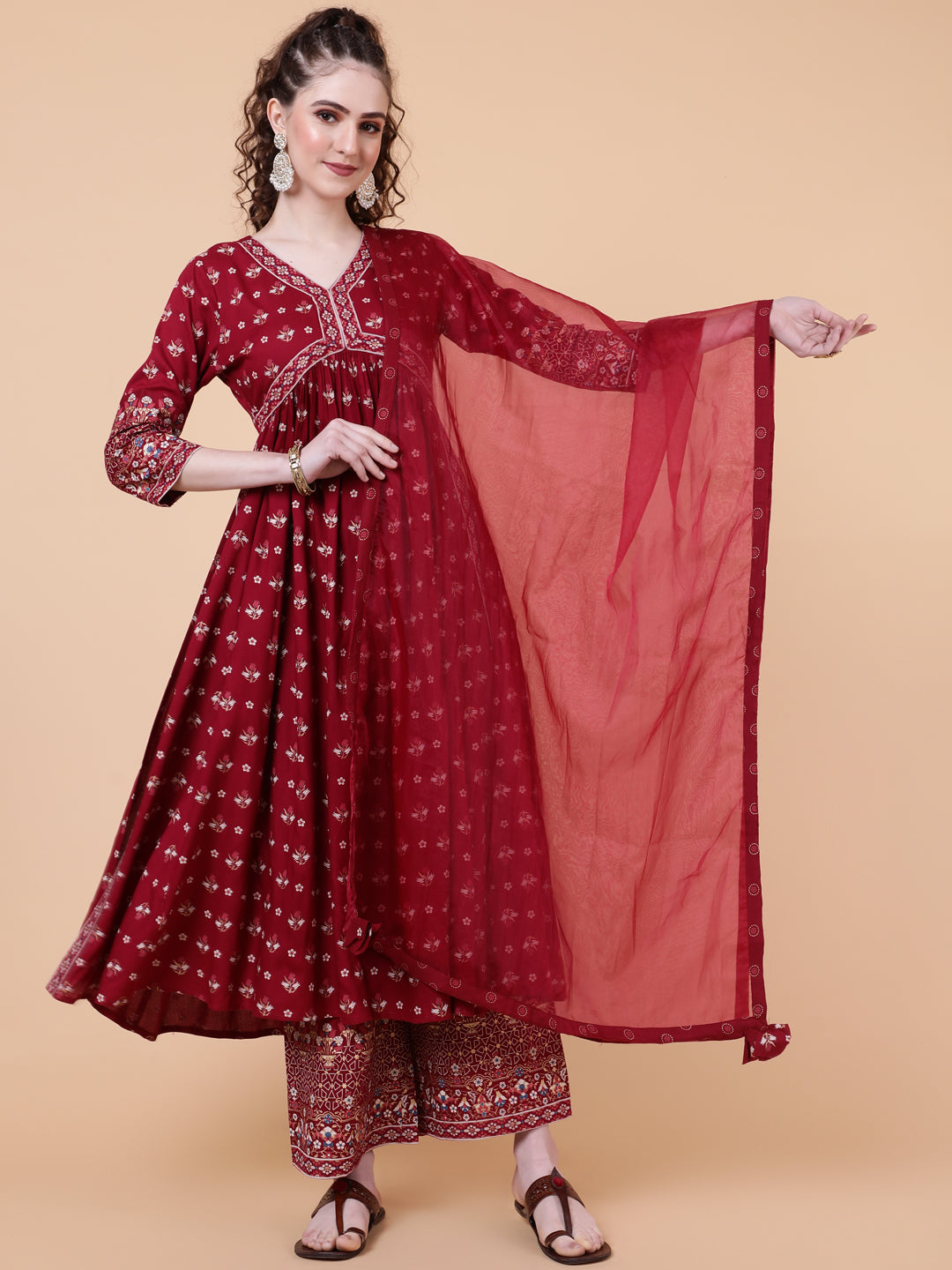 Rayon Calf Length Printed Semi-Flared 3/4 Sleeves V-neck Kurta Bottom Dupatta Set - Image 4