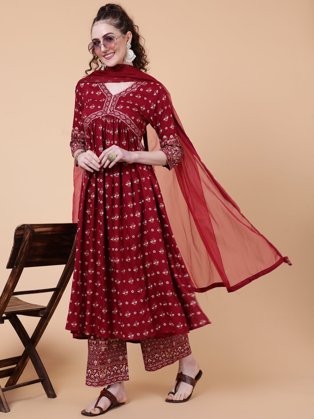 Rayon Calf Length Printed Semi-Flared 3/4 Sleeves V-neck Kurta Bottom Dupatta Set - Image 2