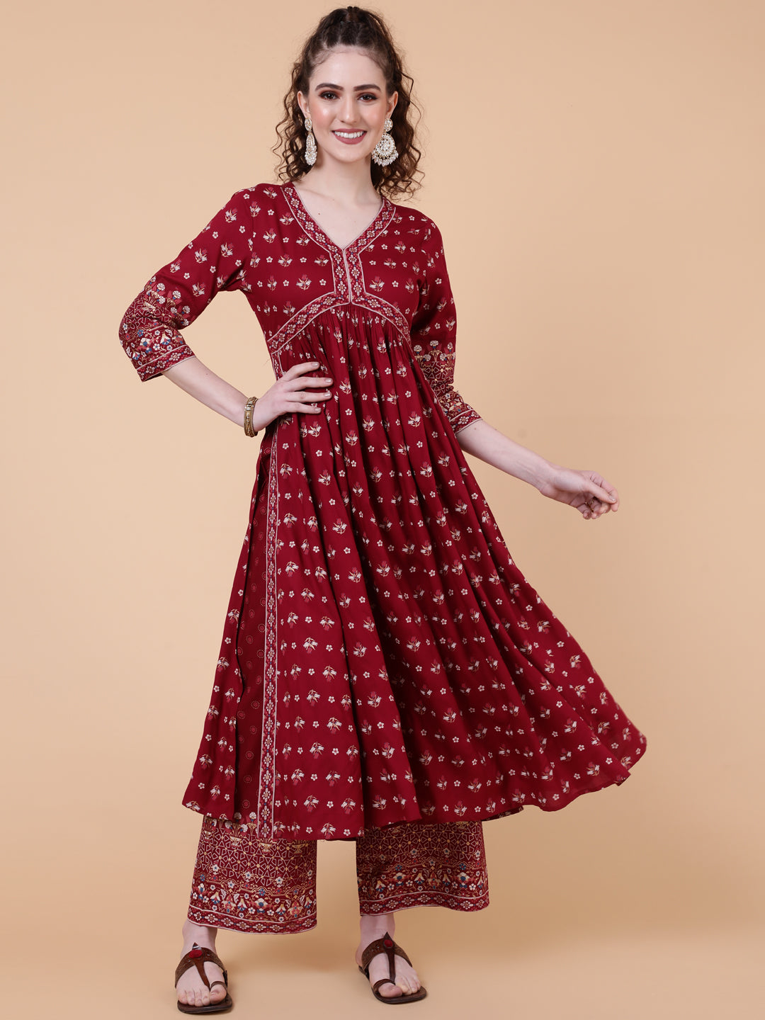 Rayon Calf Length Printed Semi-Flared 3/4 Sleeves V-neck Kurta Bottom Dupatta Set - Image 3