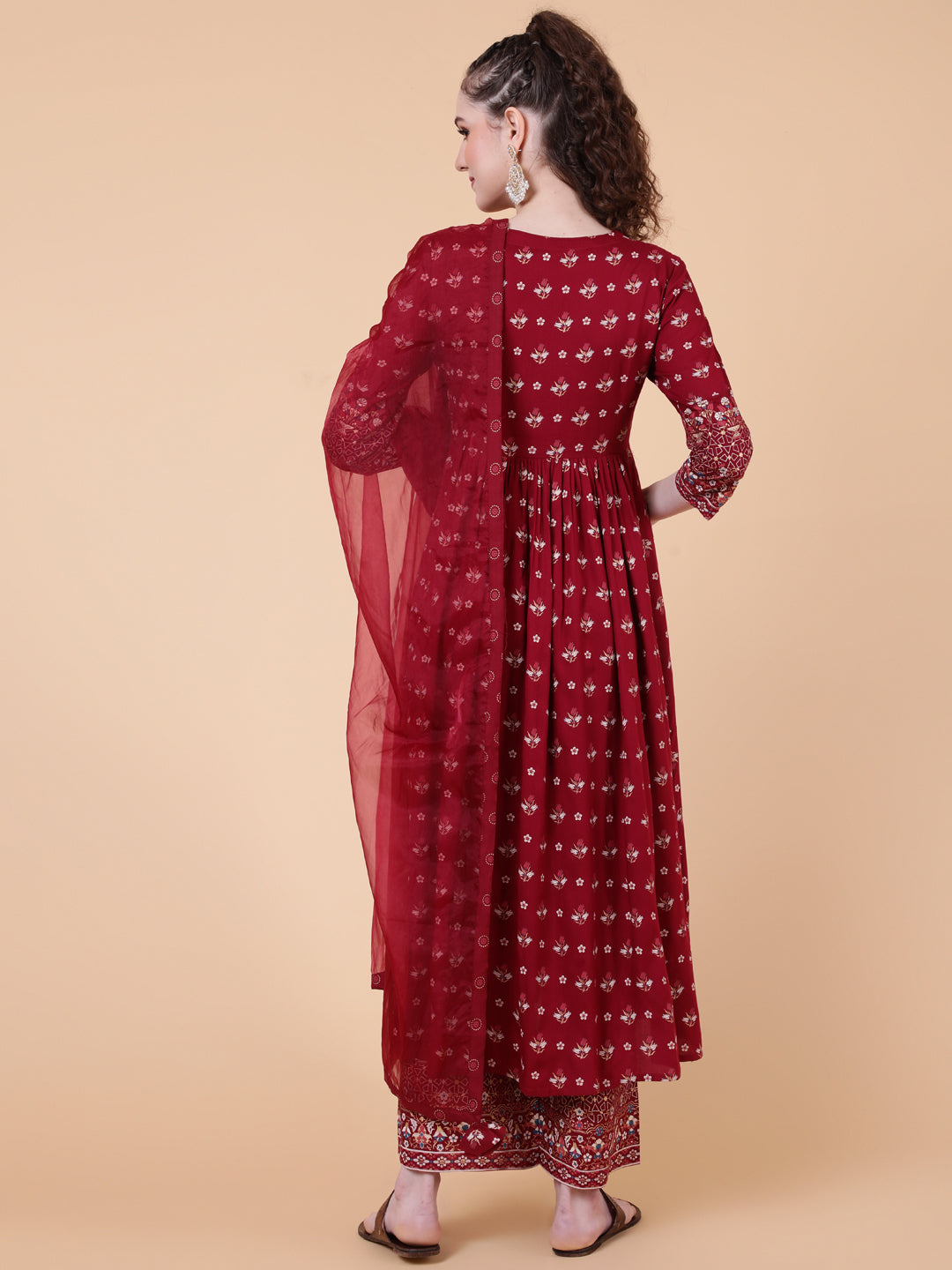 Rayon Calf Length Printed Semi-Flared 3/4 Sleeves V-neck Kurta Bottom Dupatta Set - Image 5