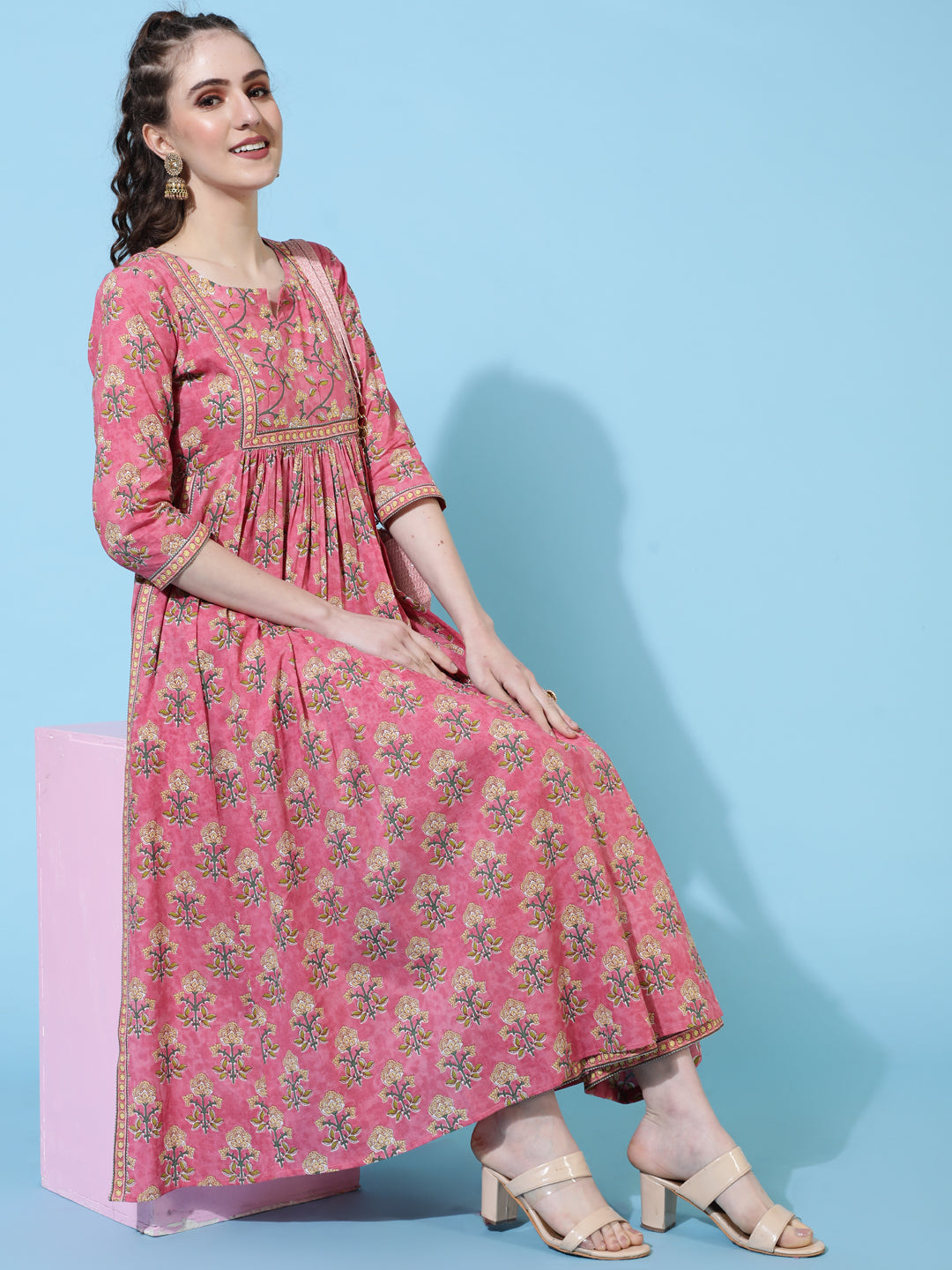 Rayon Calf Length Printed Semi-Flared 3/4 Sleeves Round Neck Kurta Bottom Set - Image 4