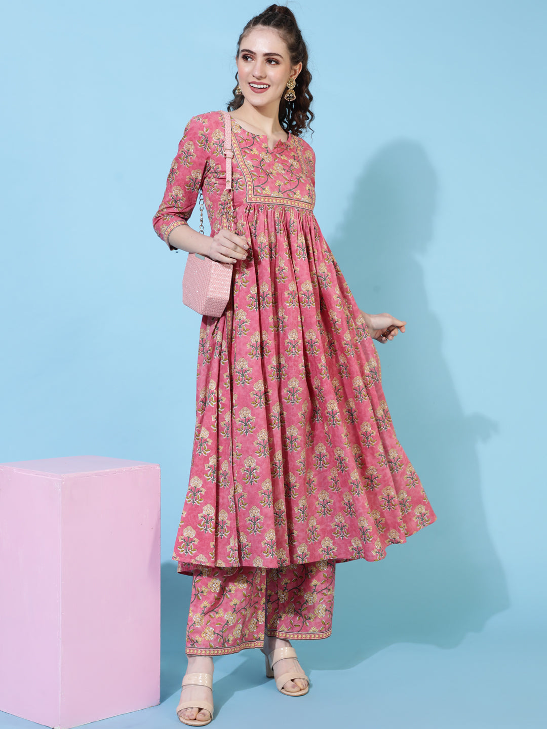 Rayon Calf Length Printed Semi-Flared 3/4 Sleeves Round Neck Kurta Bottom Set - Image 2