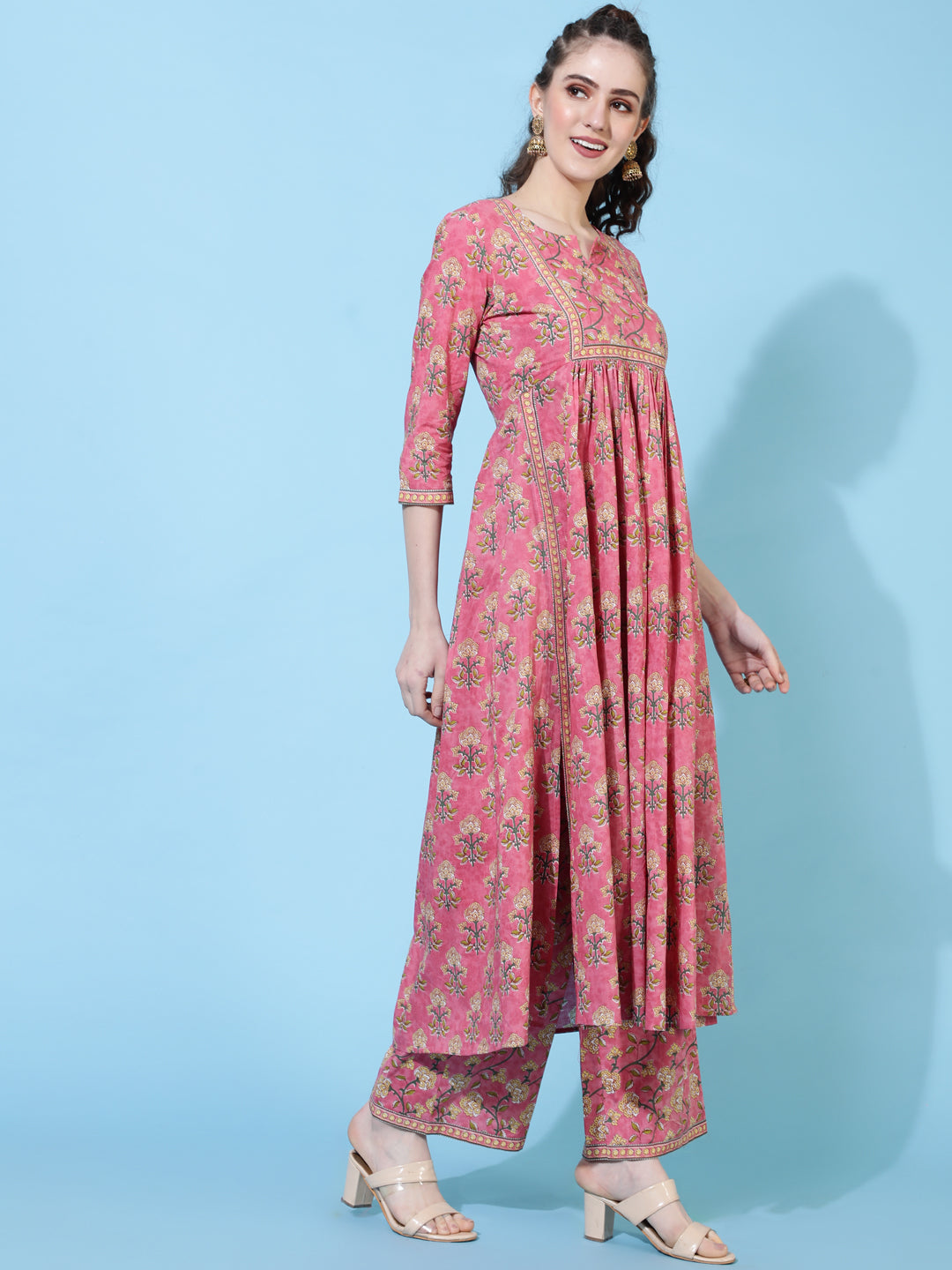 Rayon Calf Length Printed Semi-Flared 3/4 Sleeves Round Neck Kurta Bottom Set - Image 3