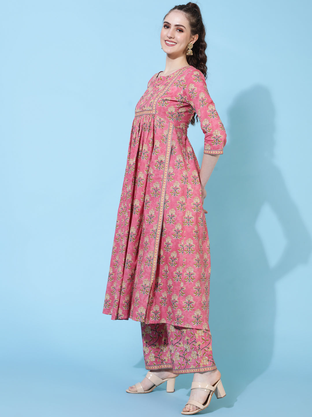 Rayon Calf Length Printed Semi-Flared 3/4 Sleeves Round Neck Kurta Bottom Set - Image 5