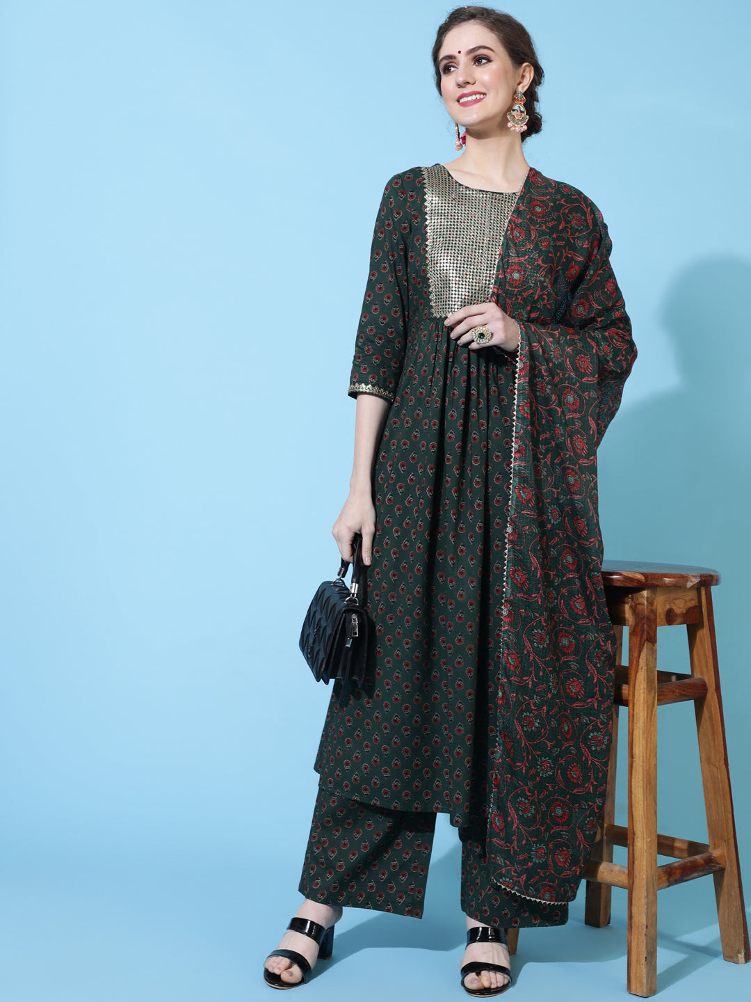 Cotton Calf Printed Flared 3/4 Sleeve Round Neck Kurta Bottom Dupatta Set - Image 4