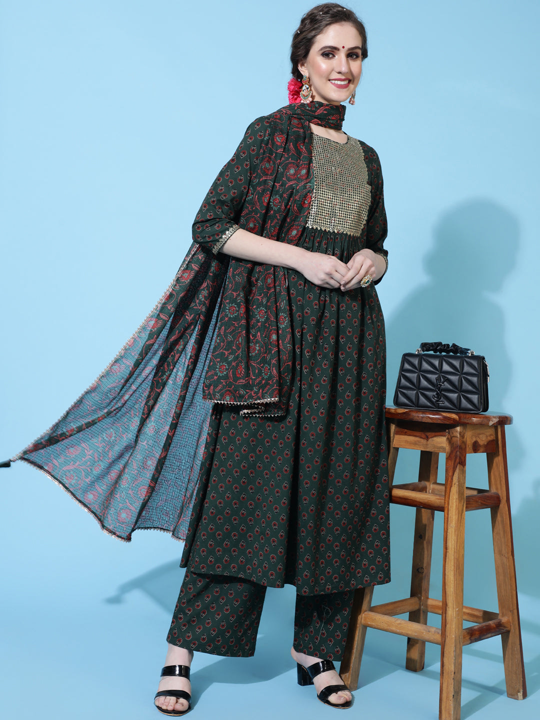 Cotton Calf Printed Flared 3/4 Sleeve Round Neck Kurta Bottom Dupatta Set - Image 2