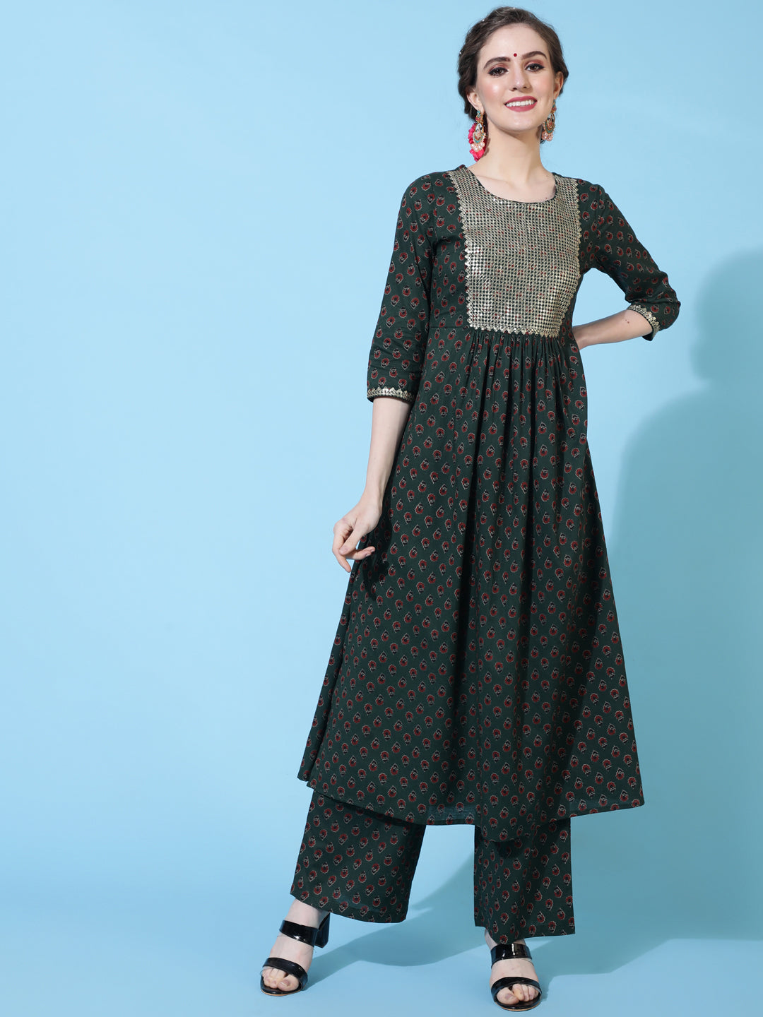 Cotton Calf Printed Flared 3/4 Sleeve Round Neck Kurta Bottom Dupatta Set - Image 3
