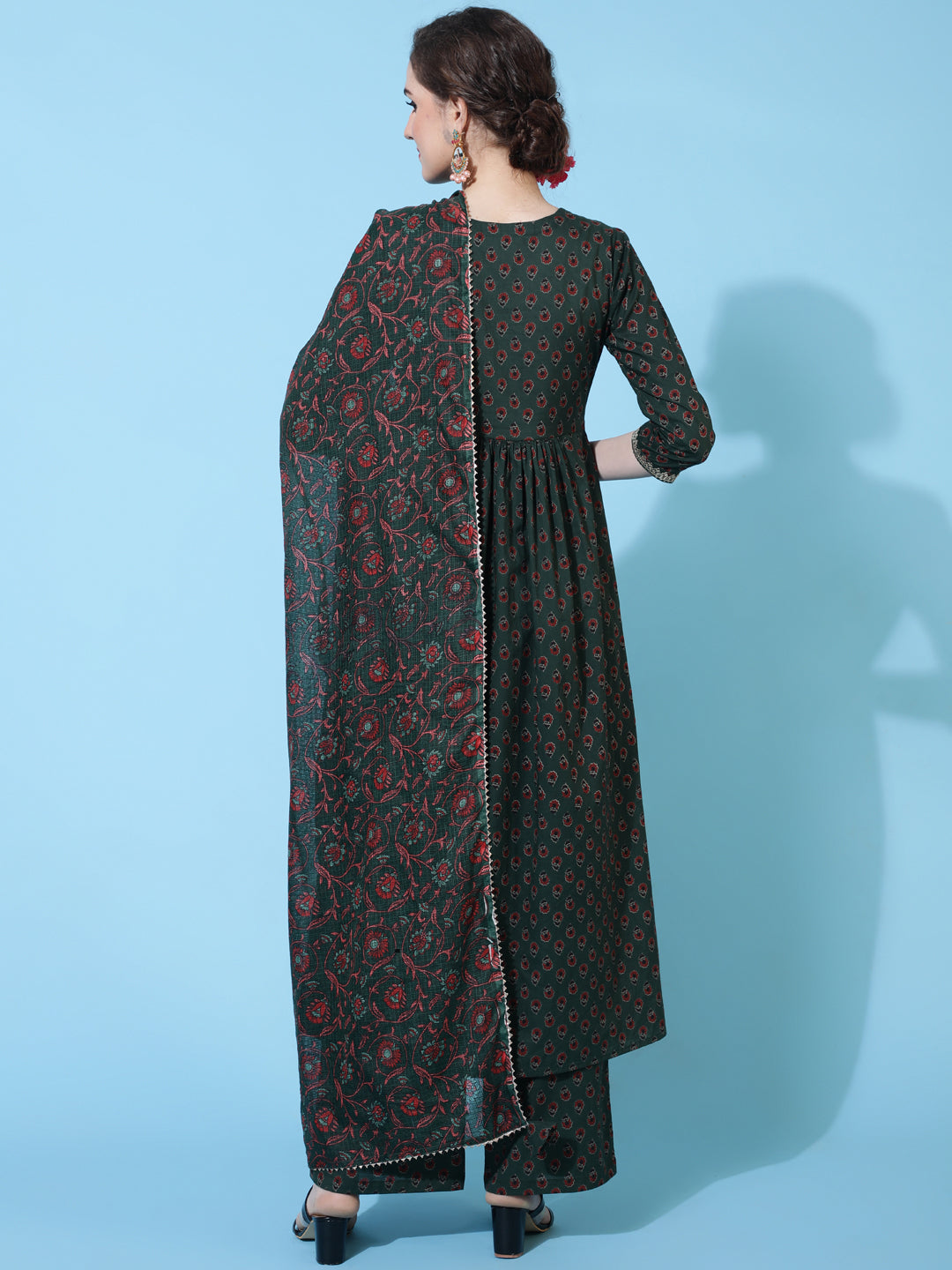 Cotton Calf Printed Flared 3/4 Sleeve Round Neck Kurta Bottom Dupatta Set - Image 5
