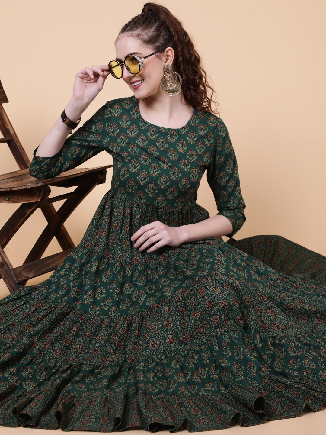 Cotton Calf Length Printed Flared 3/4 Sleeves Round Neck - Image 4
