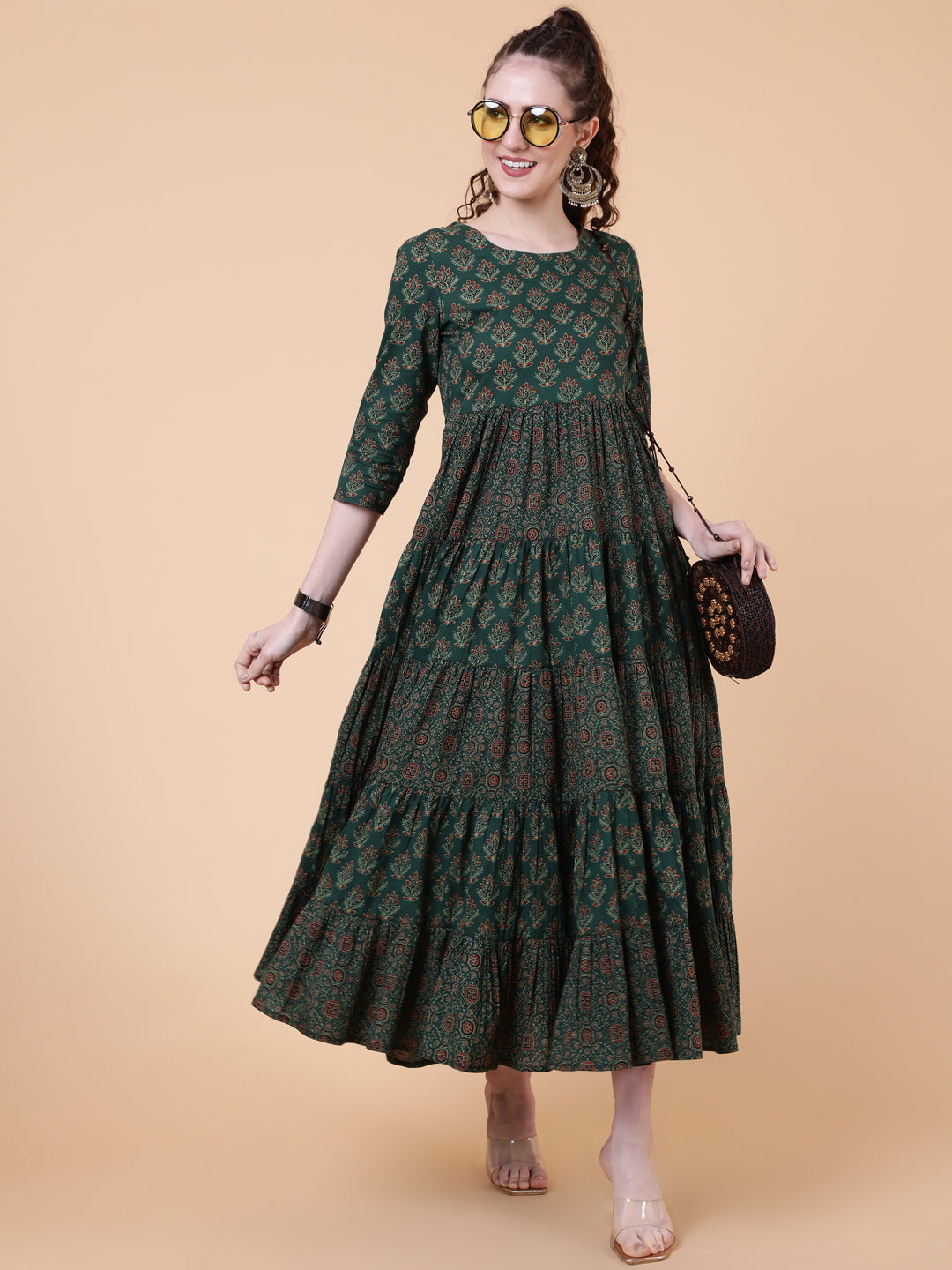 Cotton Calf Length Printed Flared 3/4 Sleeves Round Neck - Image 2