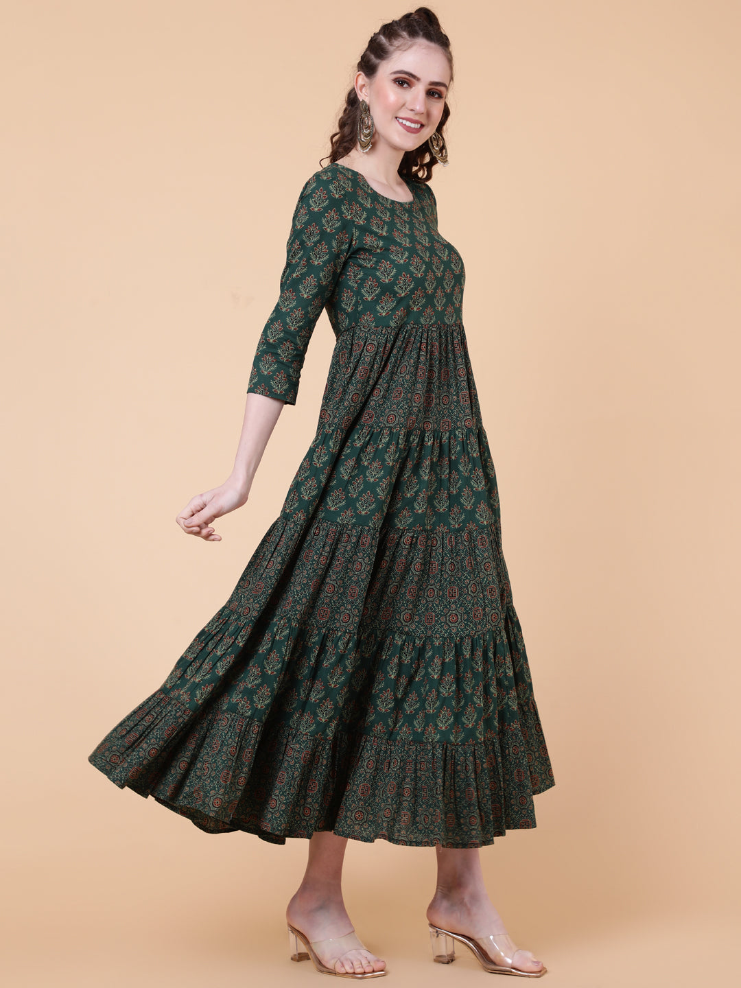 Cotton Calf Length Printed Flared 3/4 Sleeves Round Neck - Image 3