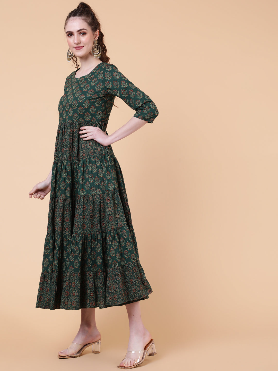 Cotton Calf Length Printed Flared 3/4 Sleeves Round Neck - Image 5