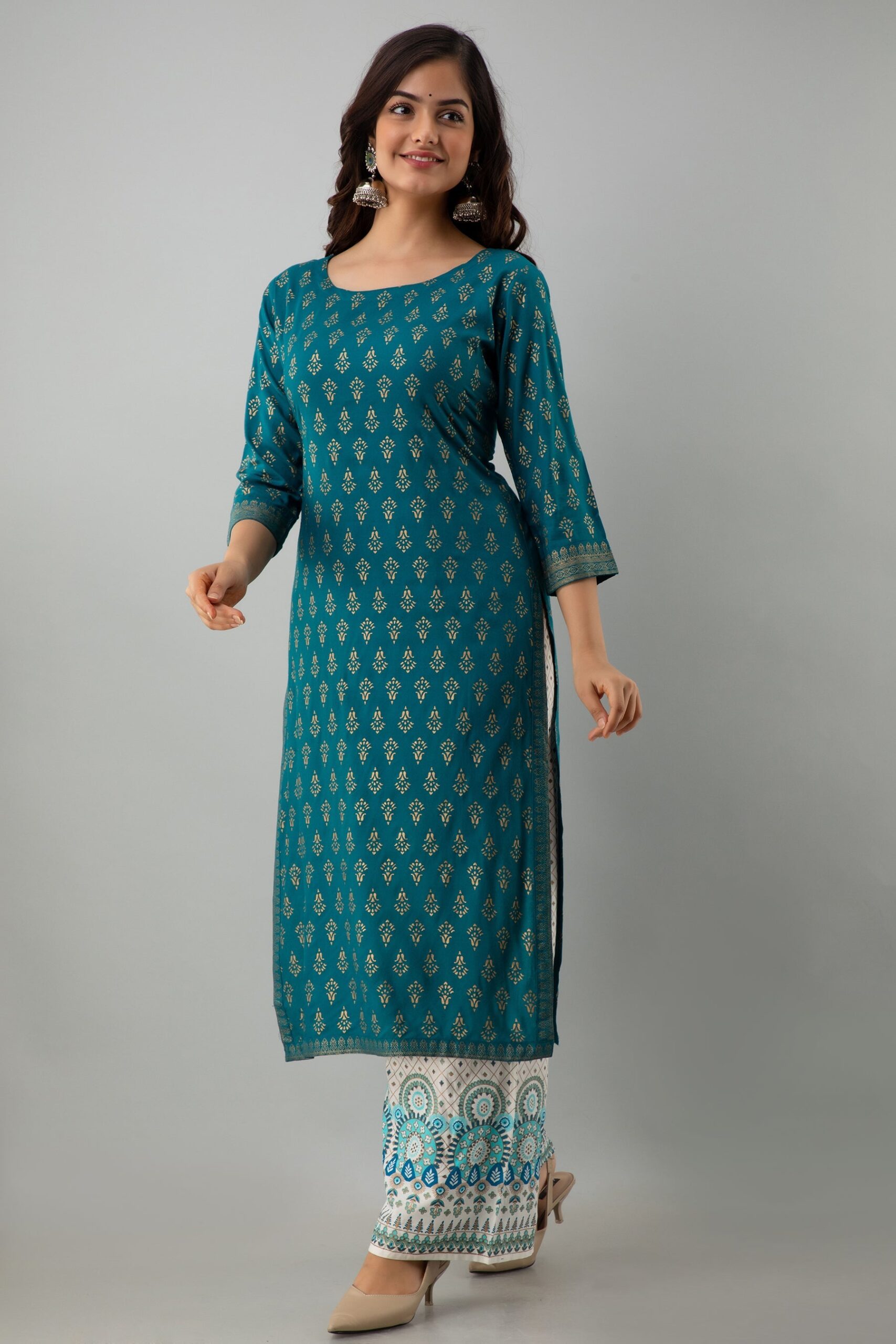 Printed Straight Calf Length 3/4 Sleeves Round Neck Rayon Kurta Set - Image 2