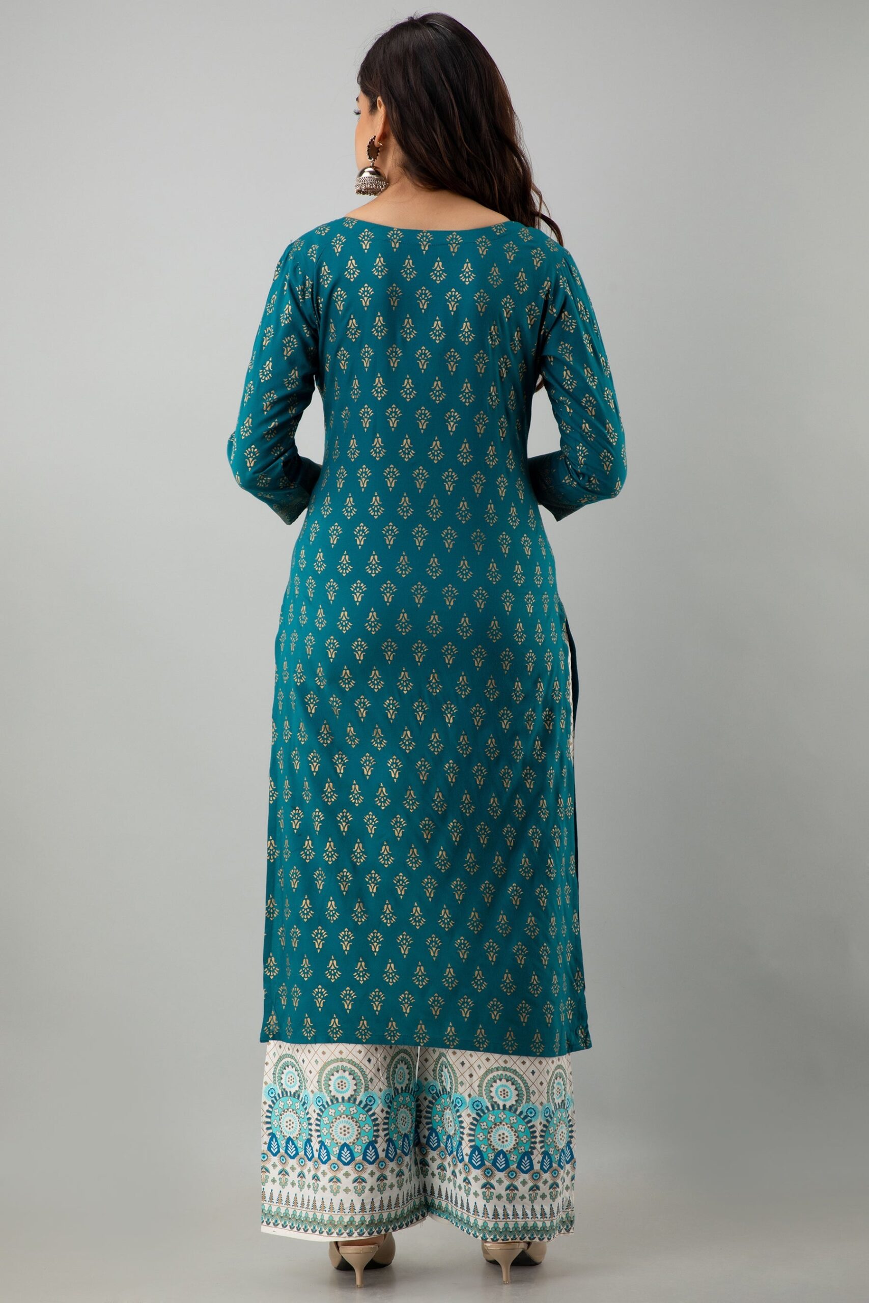 Printed Straight Calf Length 3/4 Sleeves Round Neck Rayon Kurta Set - Image 3