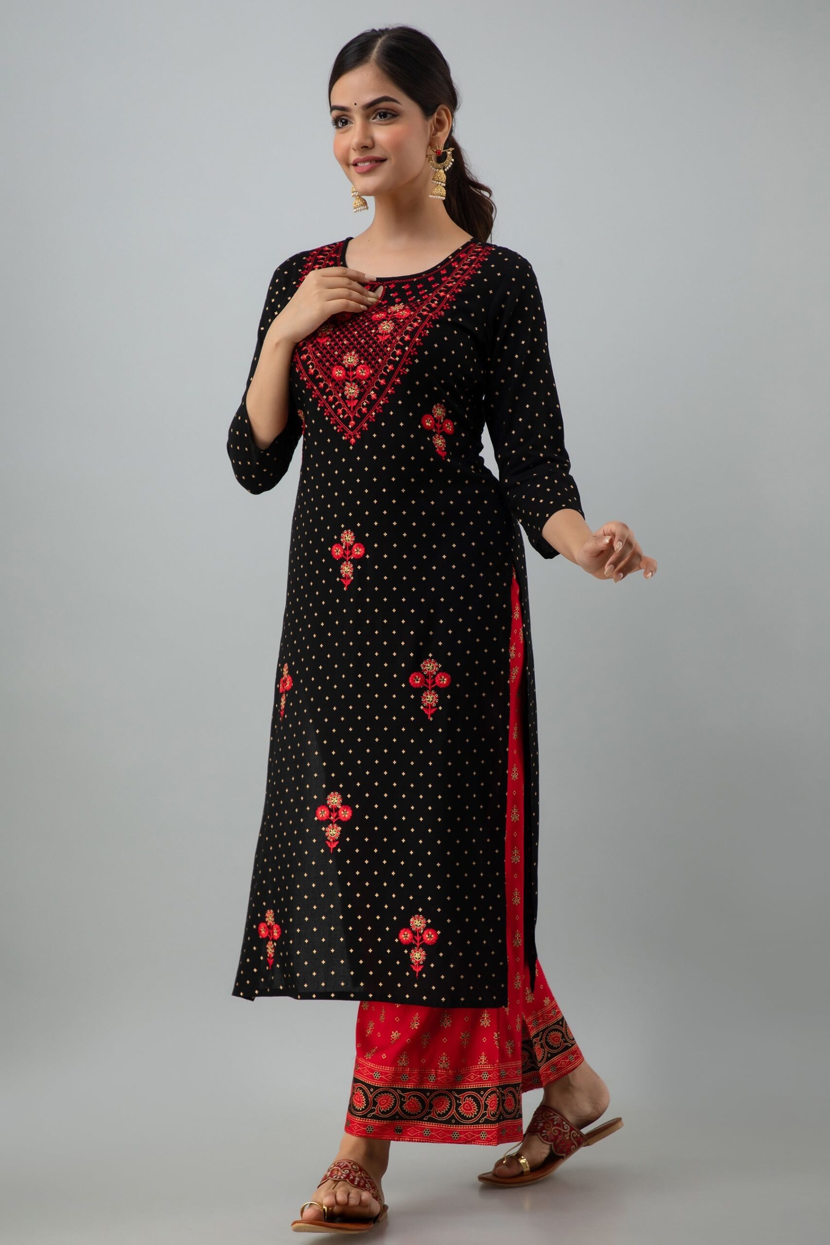 Embroidered Straight Calf Length 3/4 Sleeves Keyhole Neck Rayon Kurta Dupatta Bottom Set - Image 3