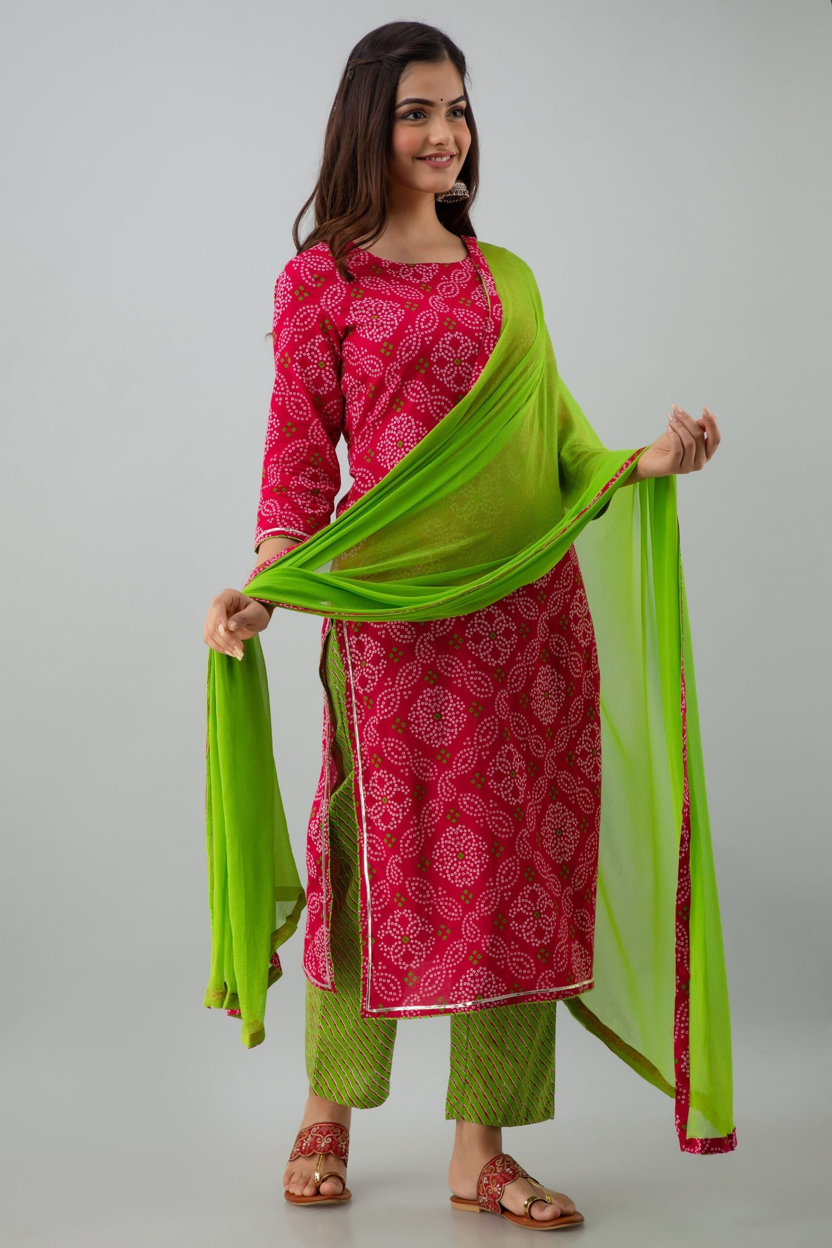 Printed Straight Calf Length 3/4 Sleeves Round Neck Cotton Kurta Dupatta Bottom Set - Image 2