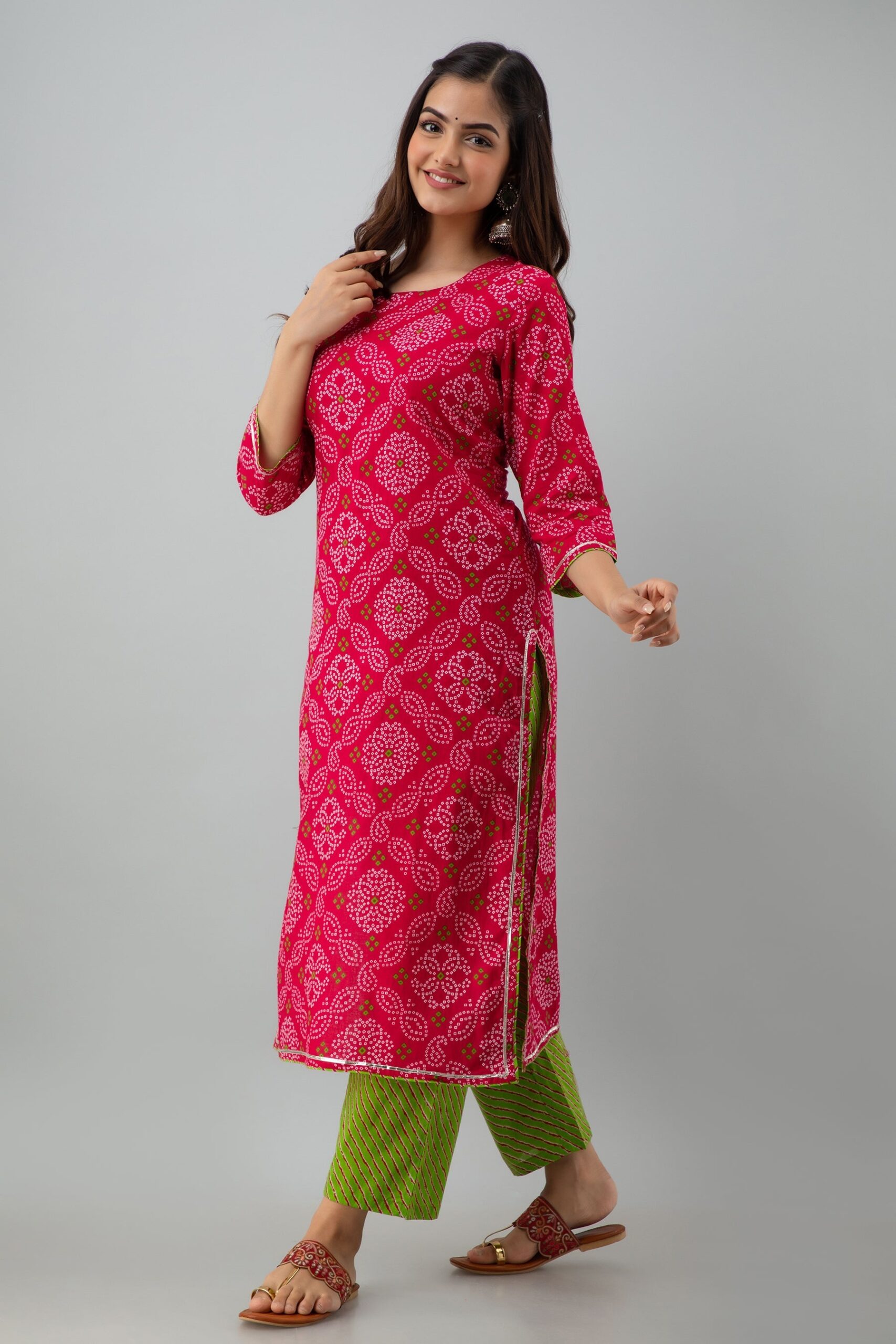 Printed Straight Calf Length 3/4 Sleeves Round Neck Cotton Kurta Dupatta Bottom Set - Image 4