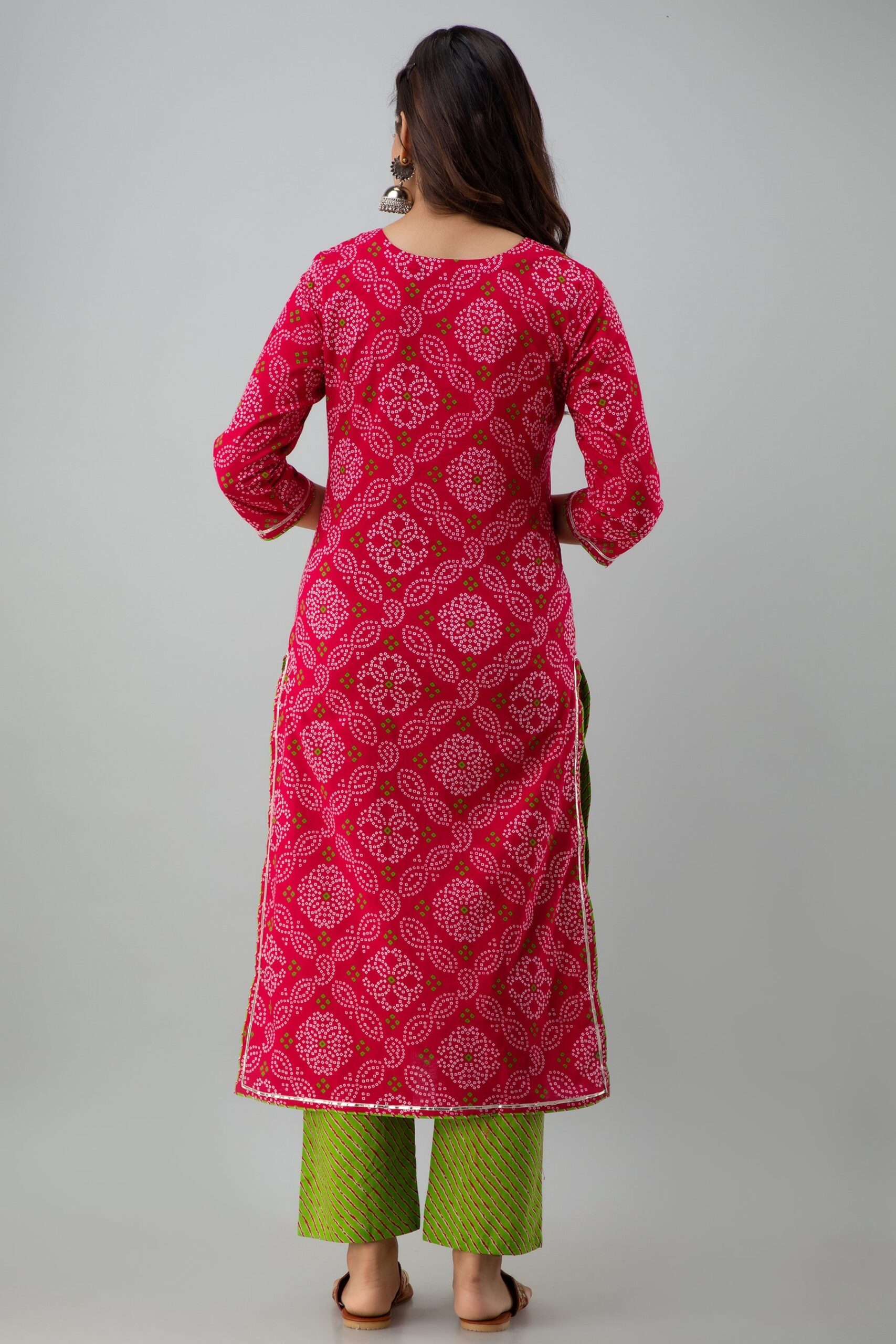 Printed Straight Calf Length 3/4 Sleeves Round Neck Cotton Kurta Dupatta Bottom Set - Image 3