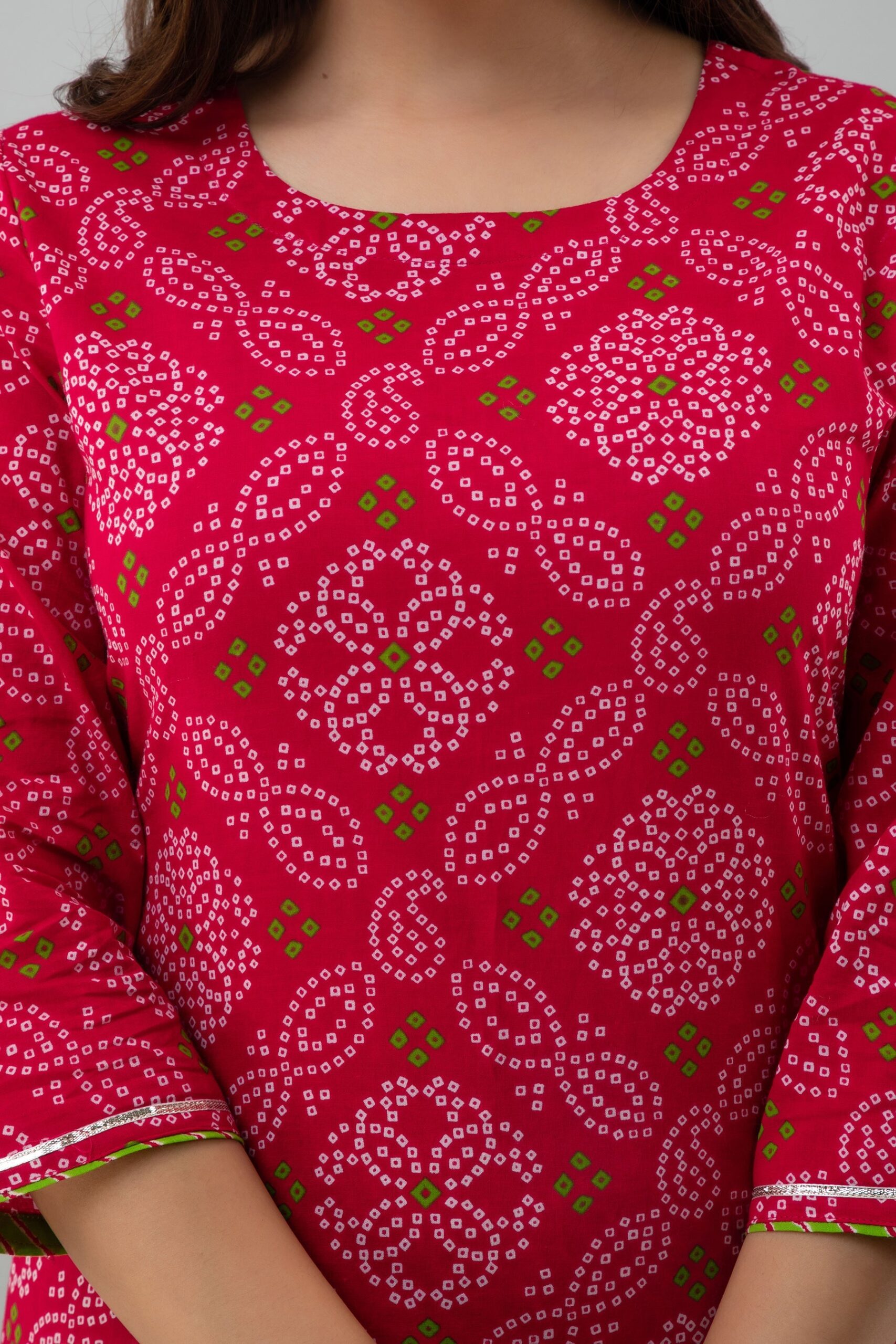 Printed Straight Calf Length 3/4 Sleeves Round Neck Cotton Kurta Dupatta Bottom Set - Image 6