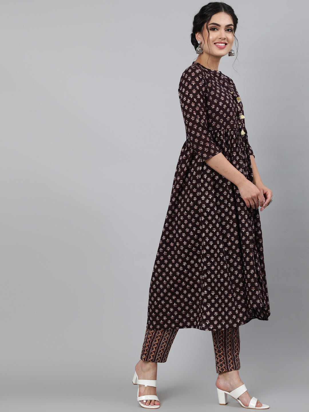 Cotton Printed 3/4 Sleeve Flared Collar Neck Calf Length Kurta Set - Image 3