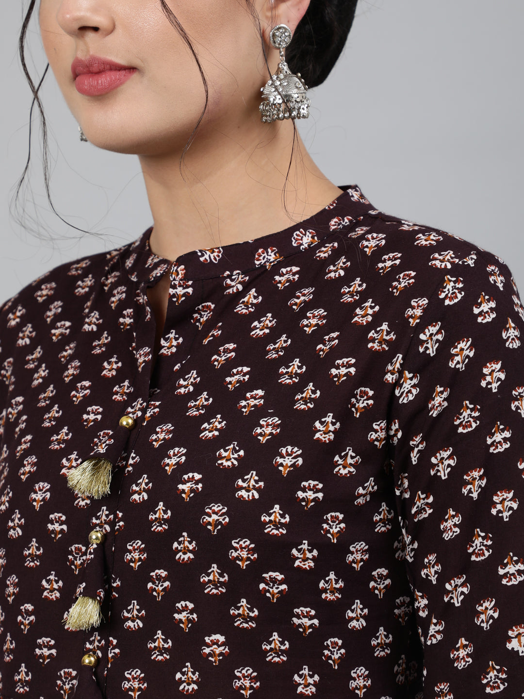 Cotton Printed 3/4 Sleeve Flared Collar Neck Calf Length Kurta Set - Image 5