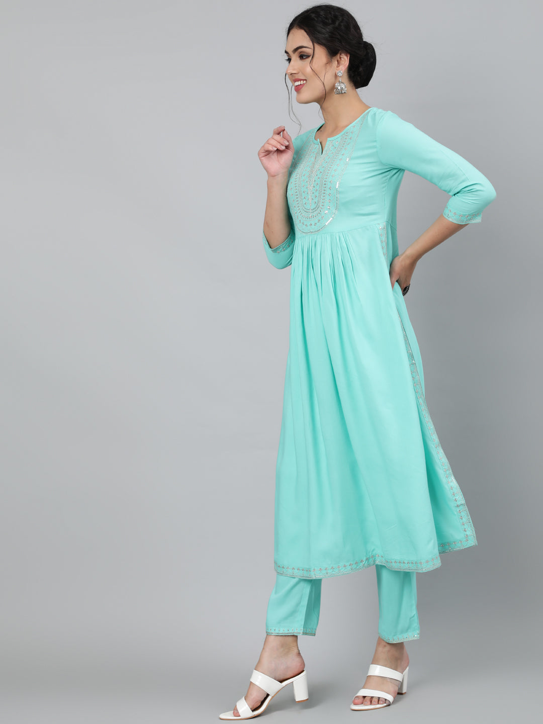Rayon Sequence 3/4 Sleeve Flared Round Neck Calf Length Kurta Set - Image 2