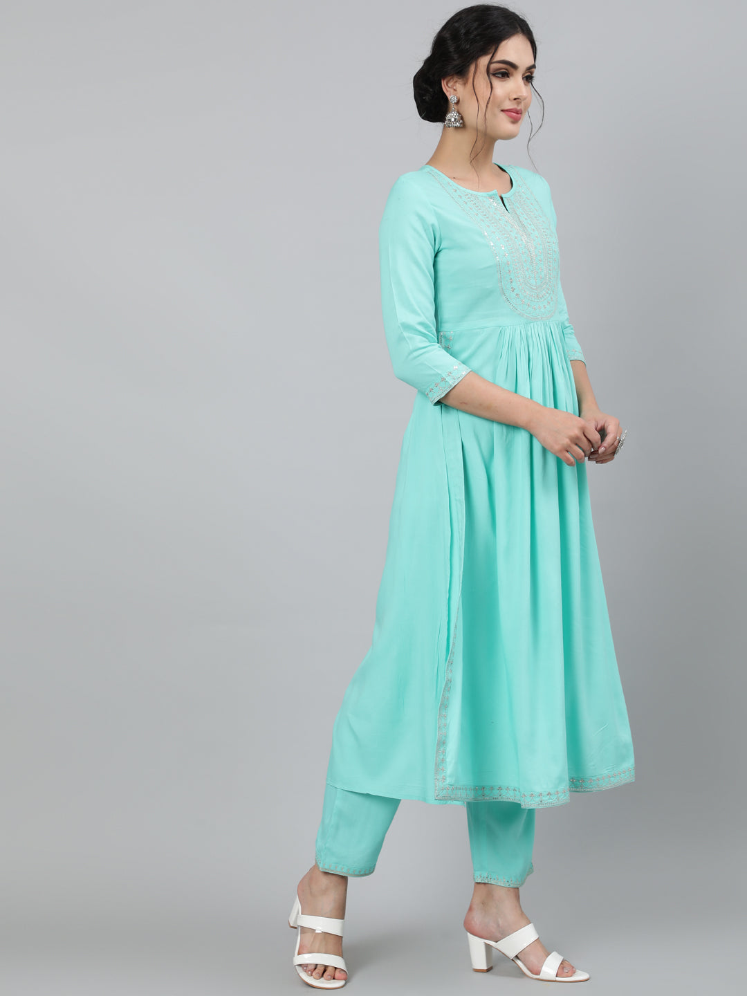 Rayon Sequence 3/4 Sleeve Flared Round Neck Calf Length Kurta Set - Image 3