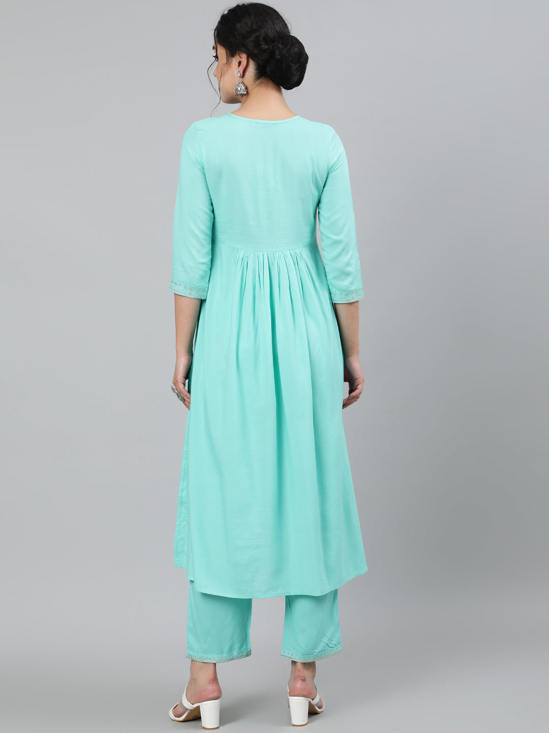 Rayon Sequence 3/4 Sleeve Flared Round Neck Calf Length Kurta Set - Image 4