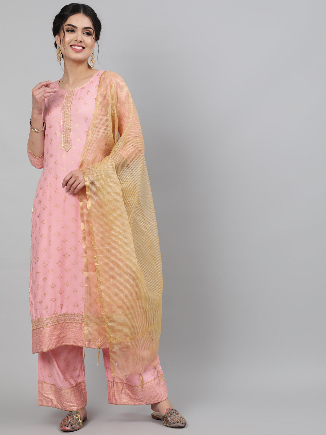 Rayon Foil Printed 3/4 Sleeve Straight Round Neck Calf Length Kurta Set - Image 2