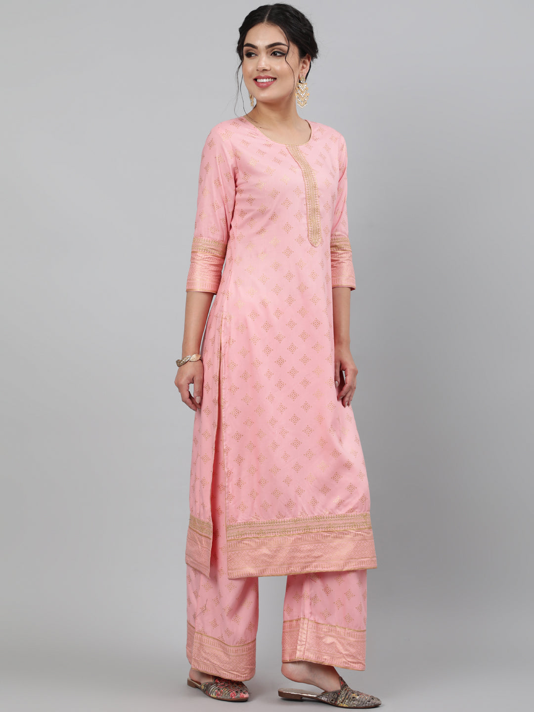 Rayon Foil Printed 3/4 Sleeve Straight Round Neck Calf Length Kurta Set - Image 3