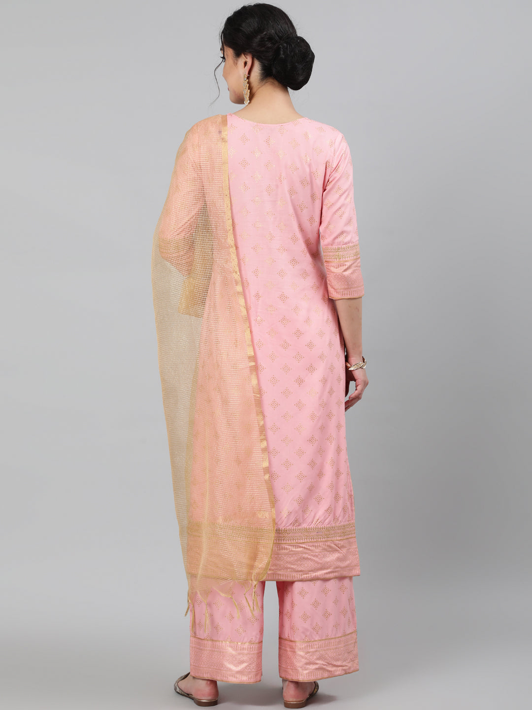 Rayon Foil Printed 3/4 Sleeve Straight Round Neck Calf Length Kurta Set - Image 4