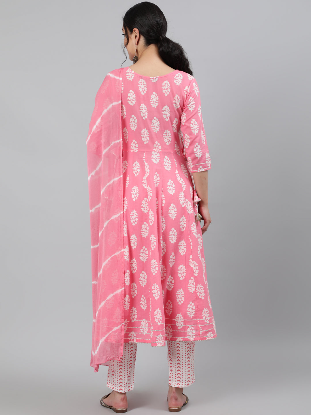 Cotton Embroidered 3/4 Sleeve Flared Round Neck Calf Length Kurta Set - Image 4