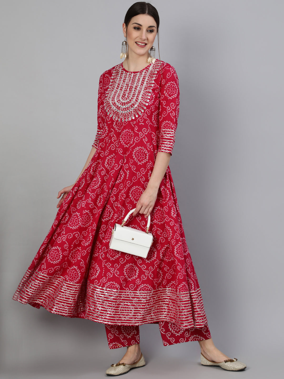 Cotton Mirror Work Anarkali 3/4 Sleeve Round Neck Calf Length Kurta Set - Image 2