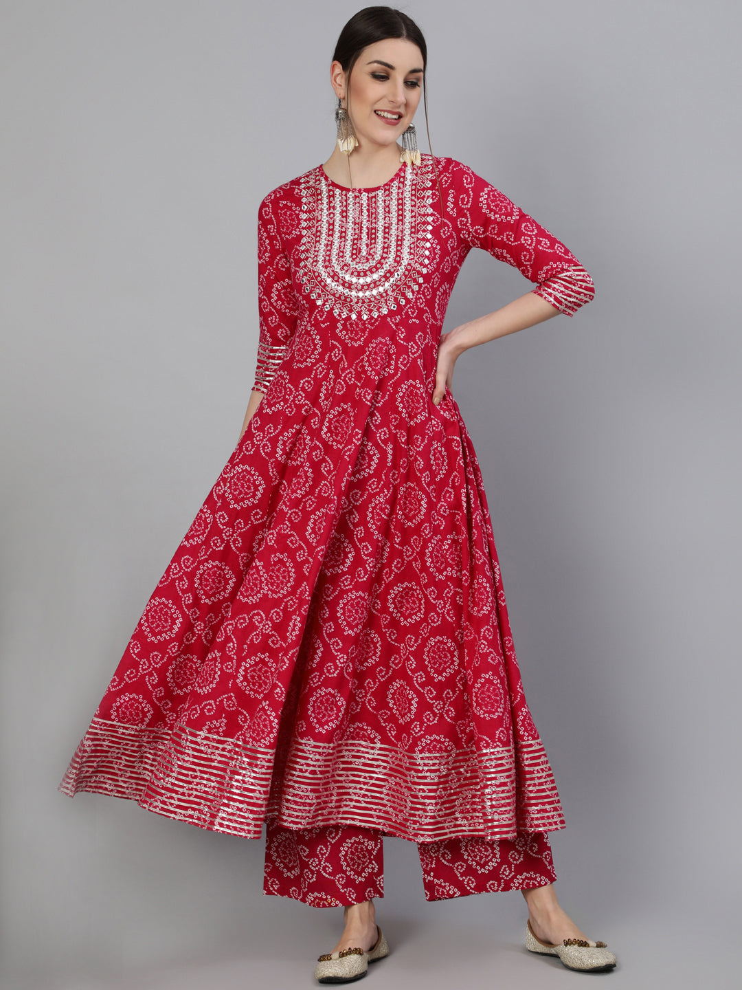 Cotton Mirror Work Anarkali 3/4 Sleeve Round Neck Calf Length Kurta Set - Image 3