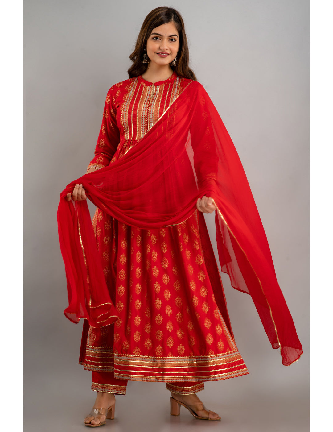 Rayon Embroidered 3/4 Sleeve Flared Round Neck Calf Length Kurta Set - Image 4