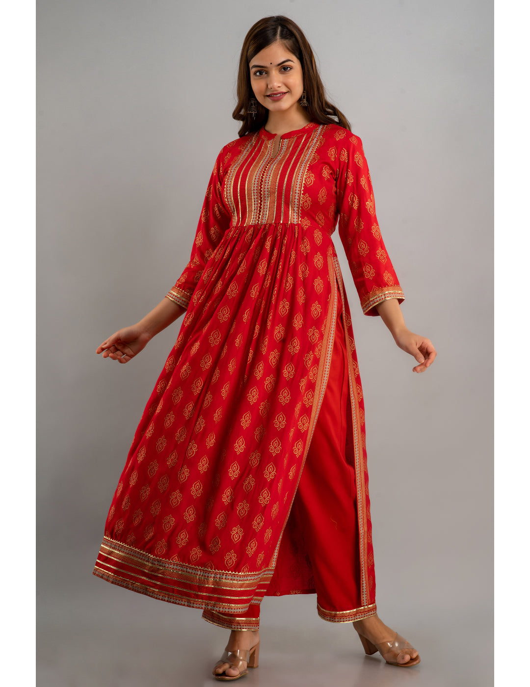 Rayon Embroidered 3/4 Sleeve Flared Round Neck Calf Length Kurta Set - Image 2