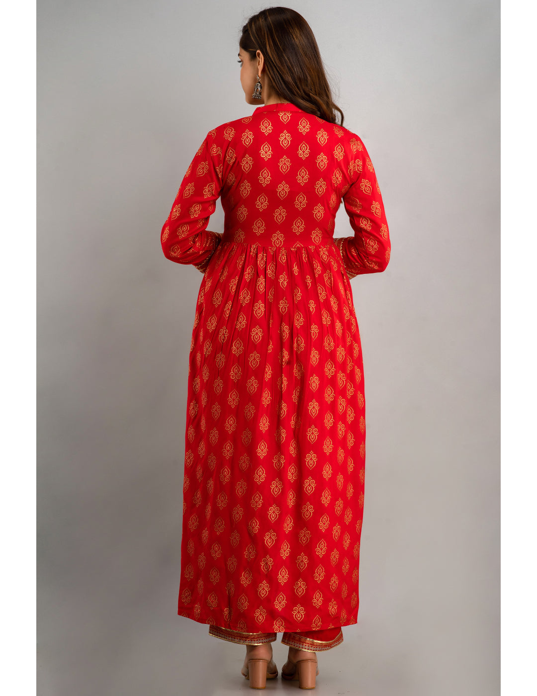 Rayon Embroidered 3/4 Sleeve Flared Round Neck Calf Length Kurta Set - Image 3