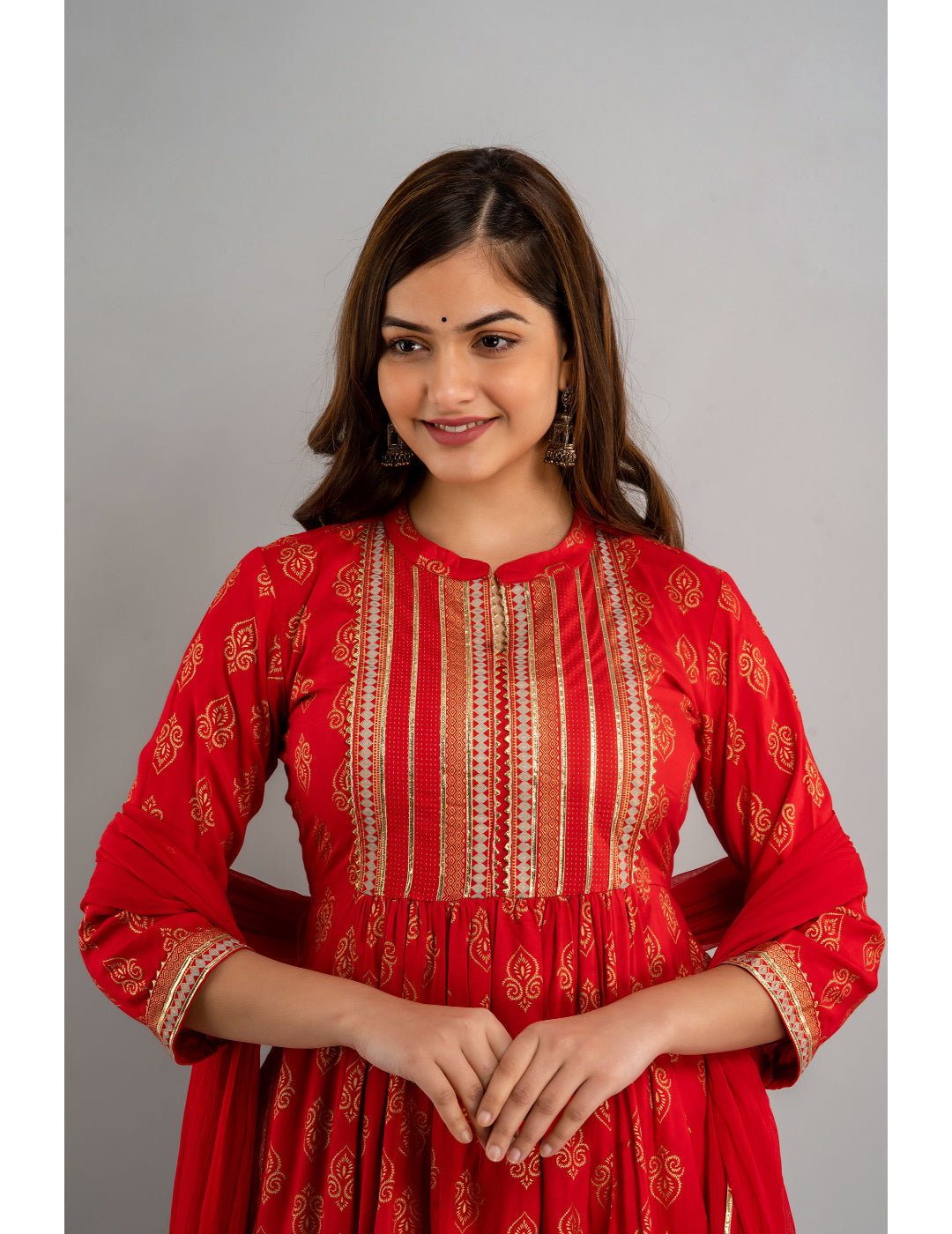Rayon Embroidered 3/4 Sleeve Flared Round Neck Calf Length Kurta Set - Image 5
